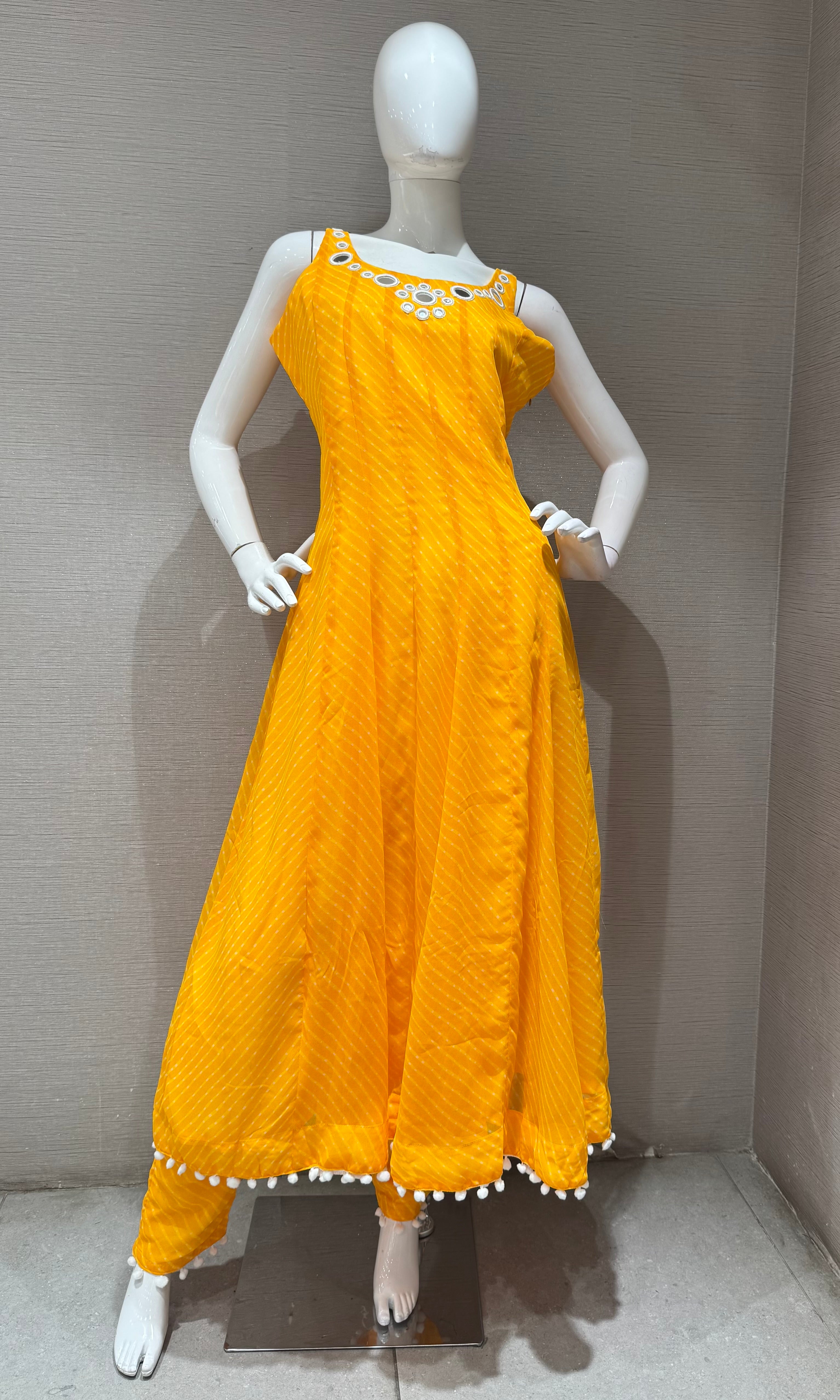 yellow bandhani print and intricate mirror anarkali set