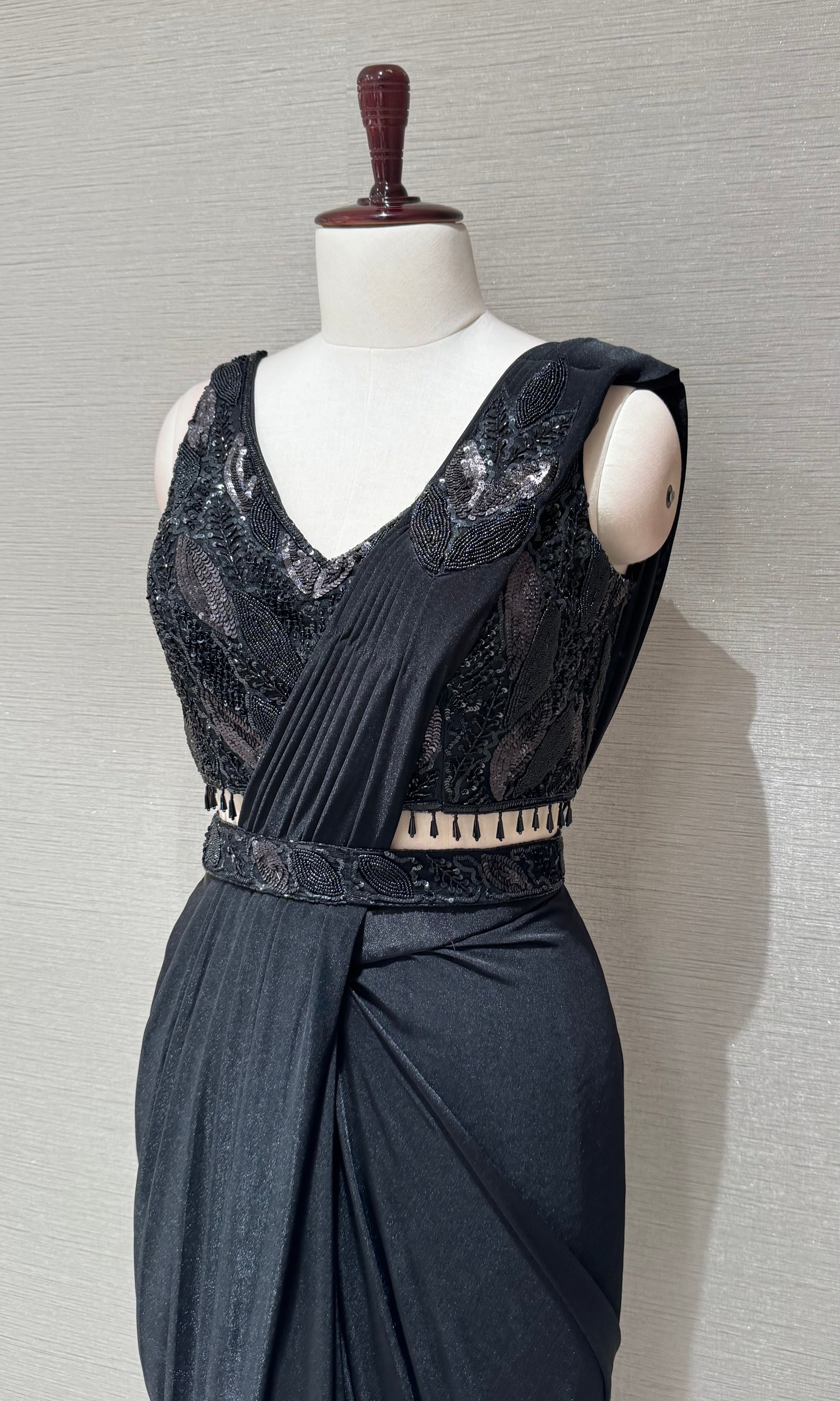 Black Draped Saree with Embellished Blouse