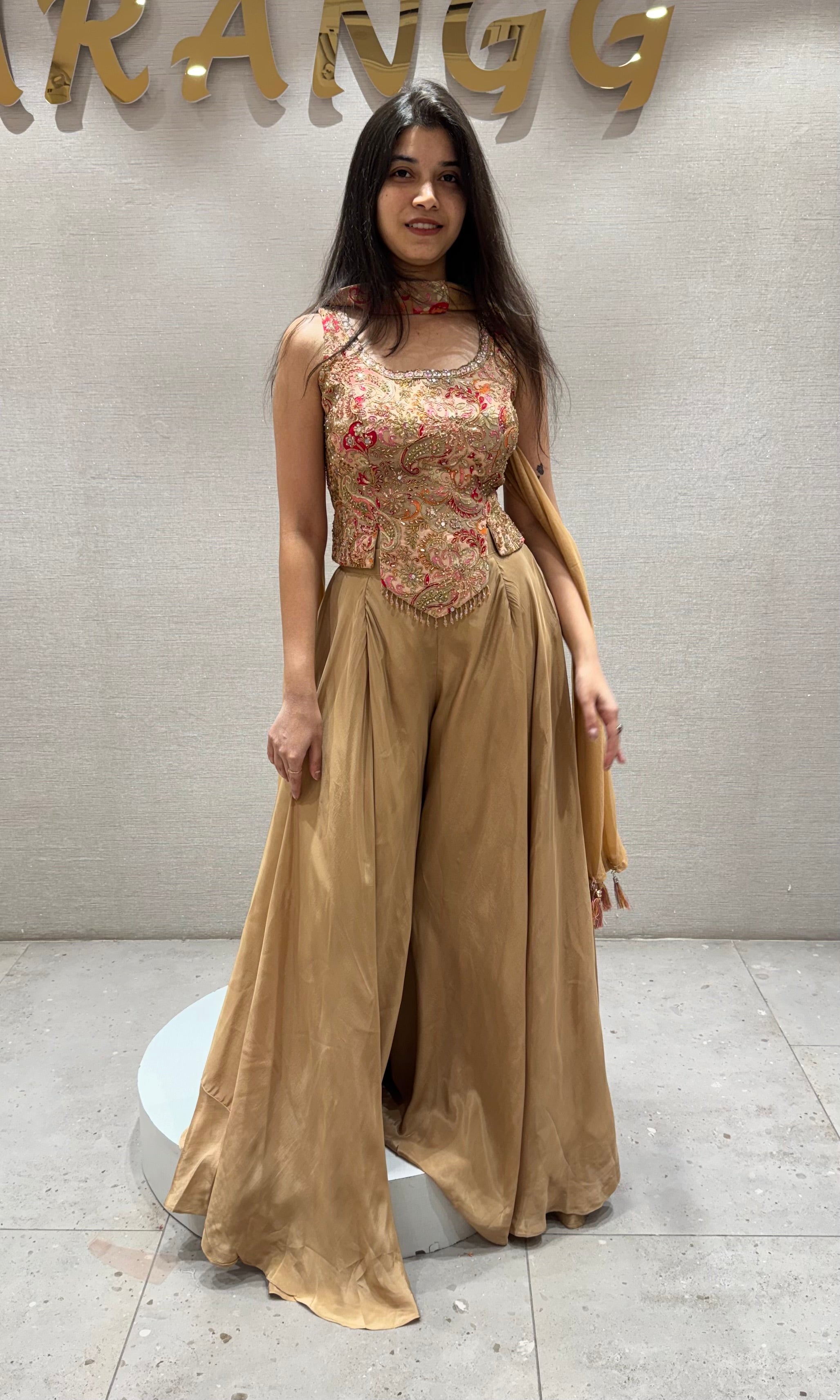 Brown EMBROIDERED PEPLUM PALAZZO SET