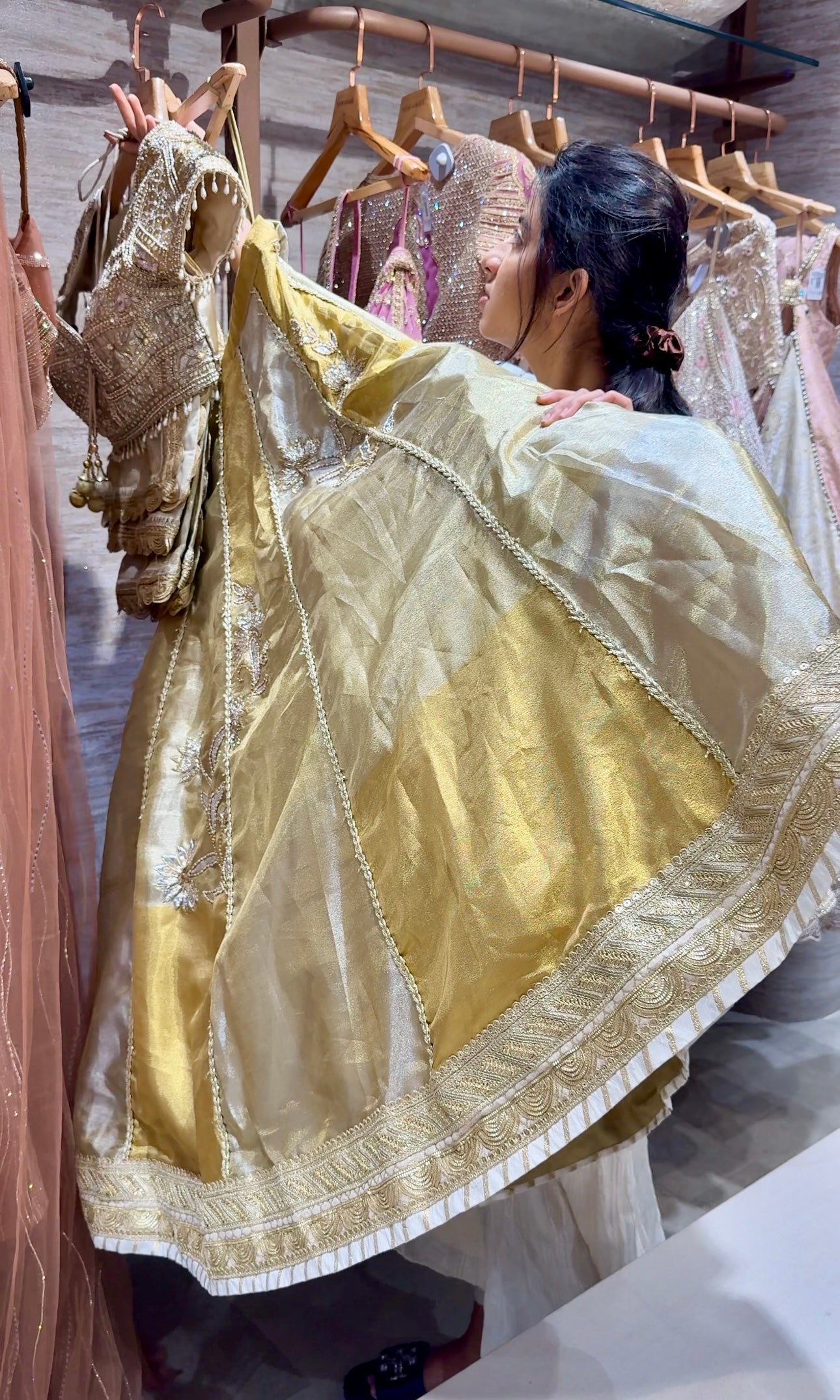 Gold and silver tissue zari lehenga