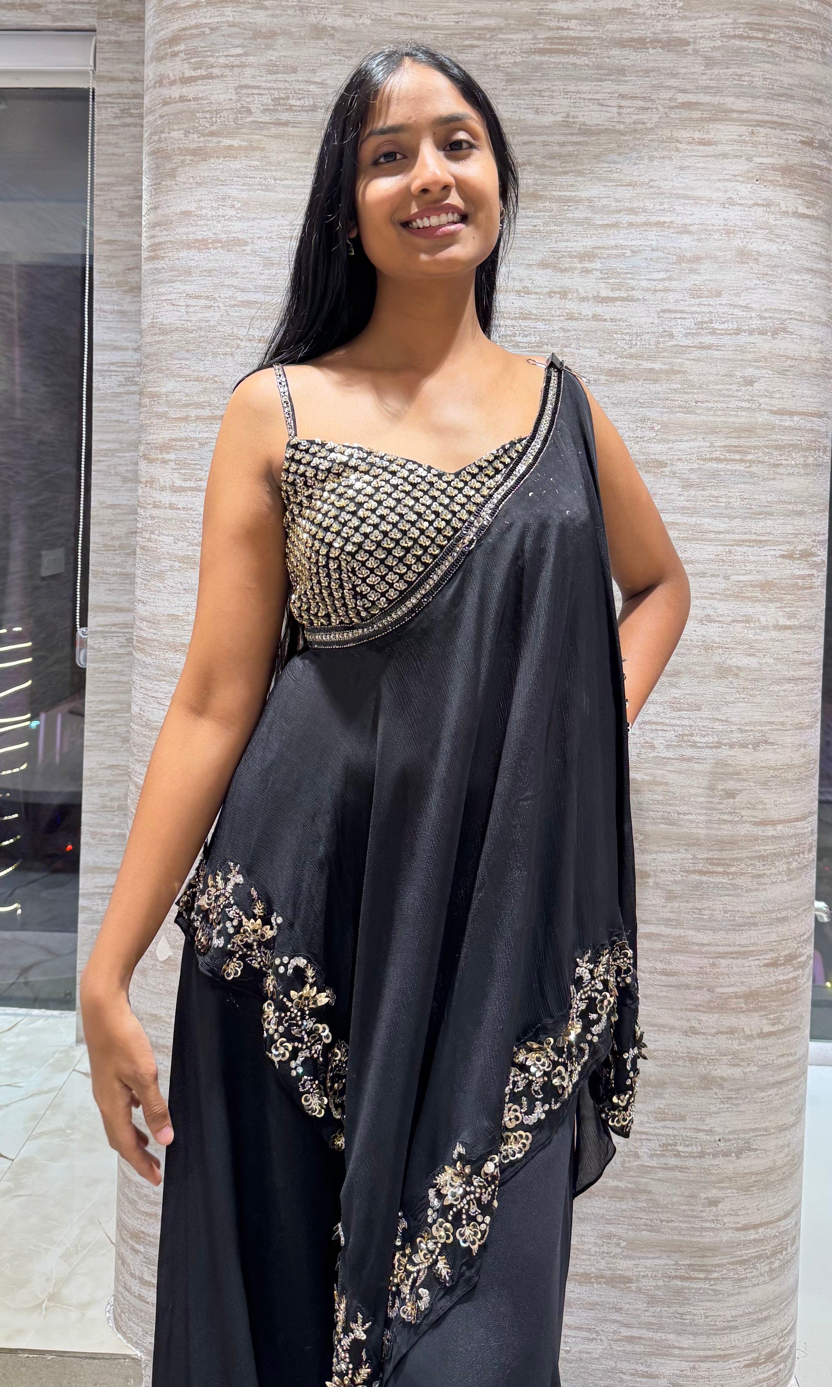 Black gold sharara with asymmetrical blouse