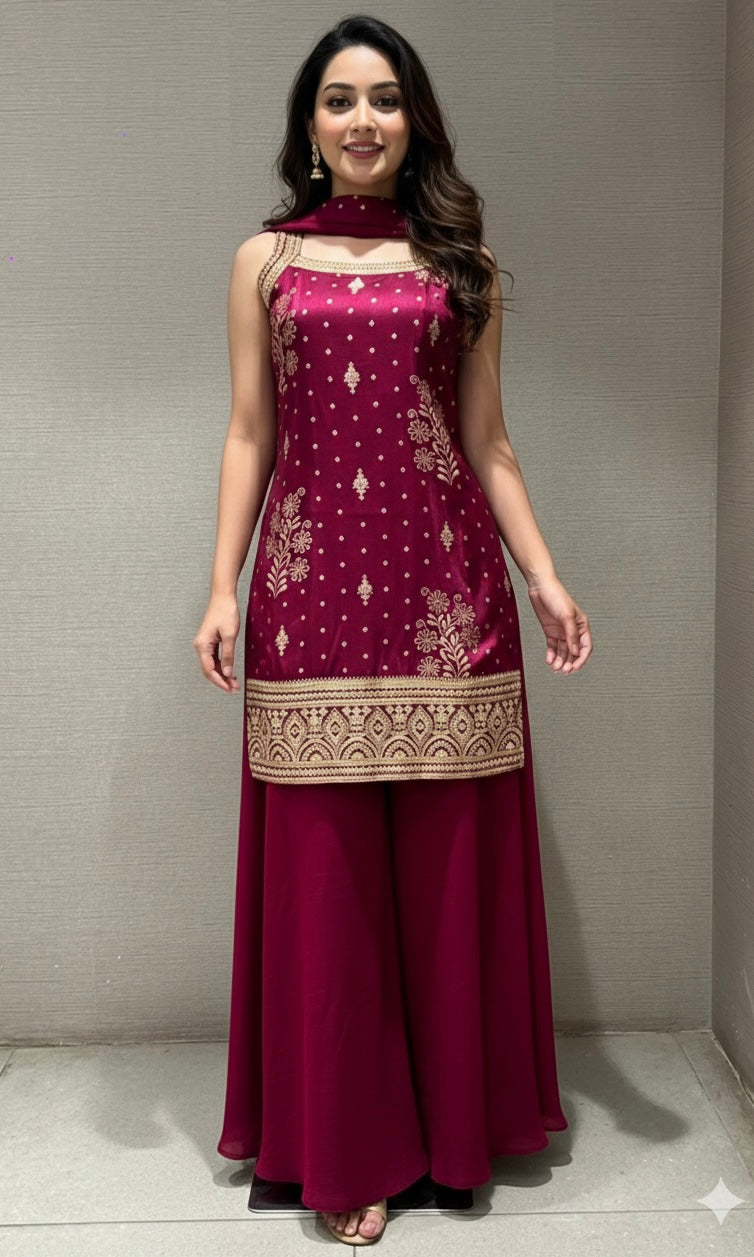 Wine GOLD EMBROIDERED SHARARA SET