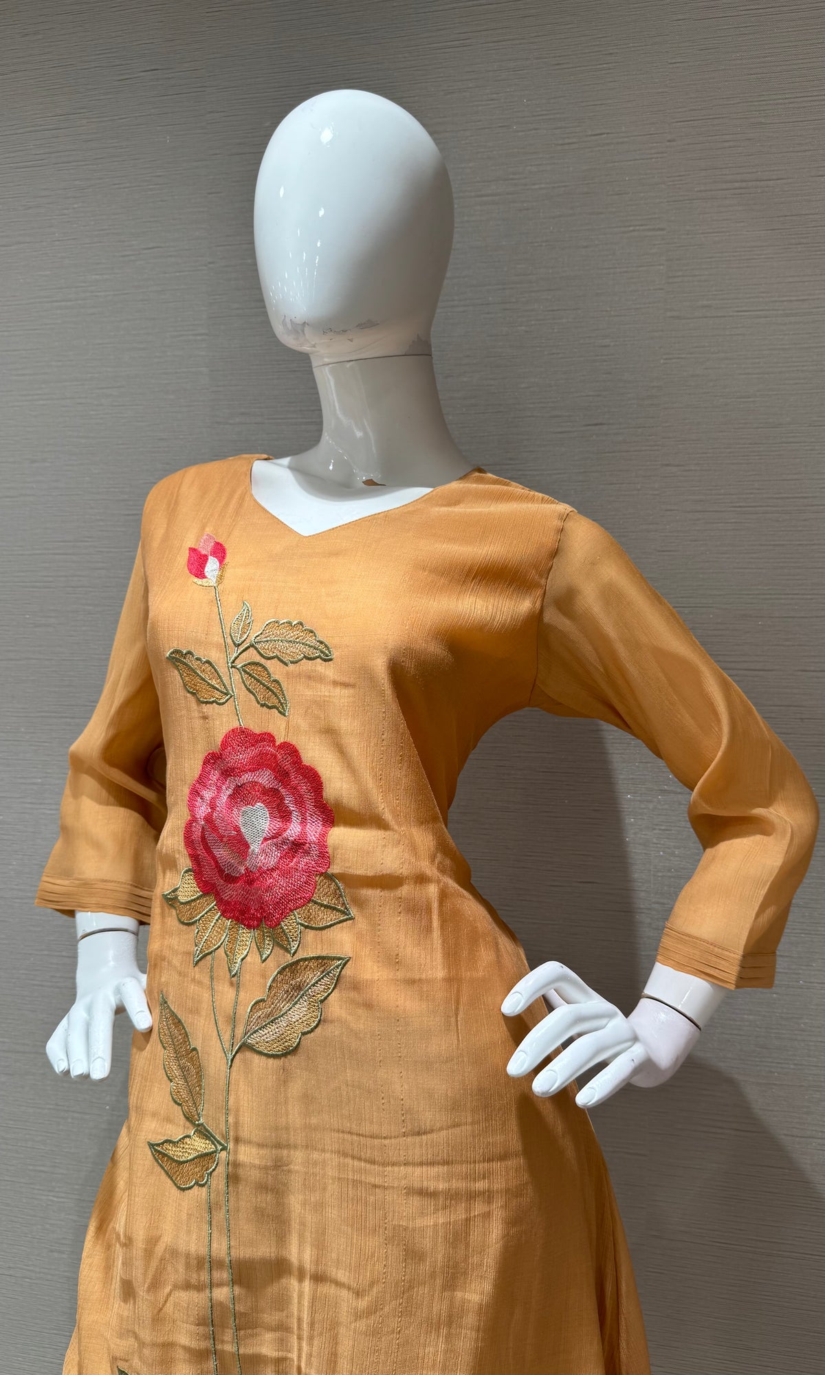 Peach cotton rose Floral Embroidery Kurta Set with Dupatta