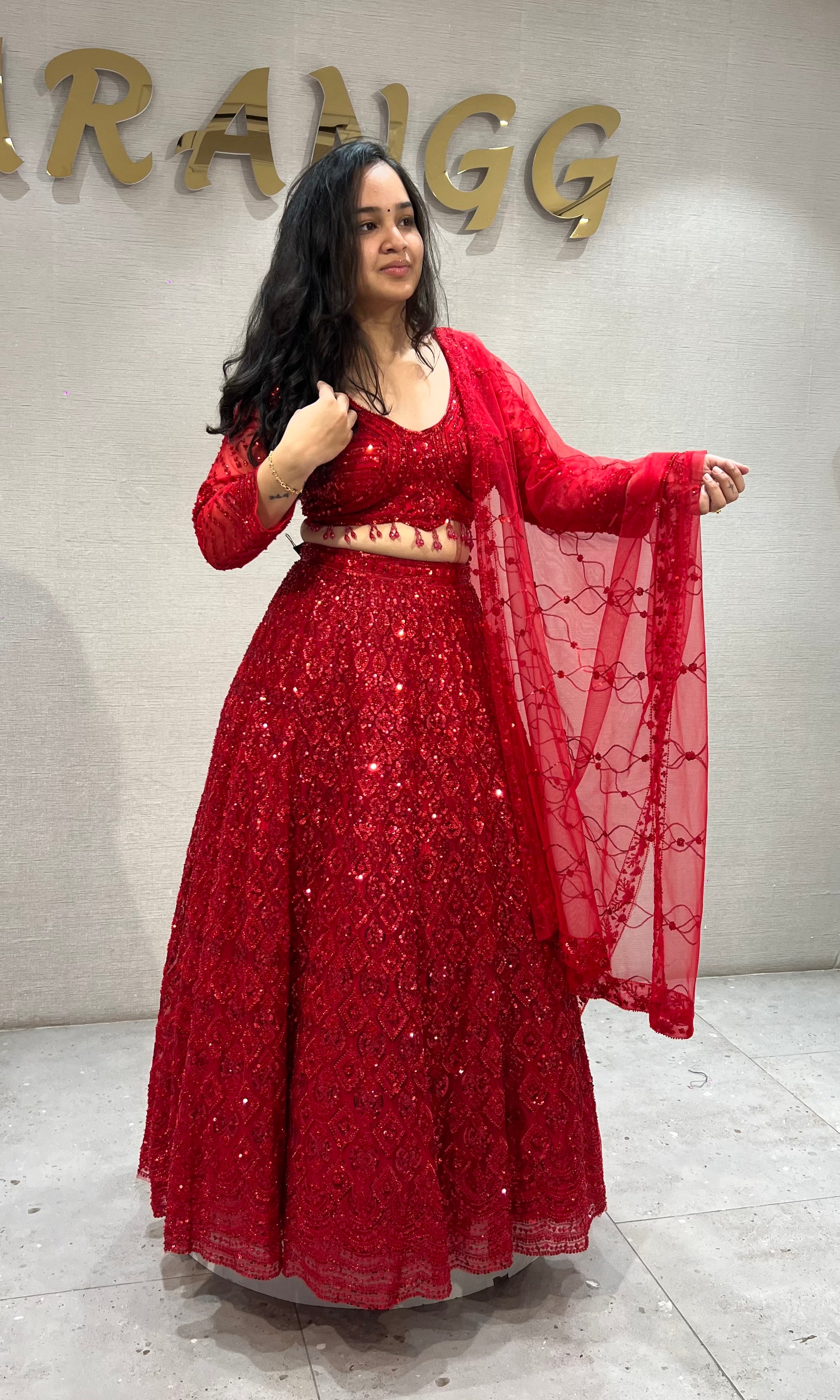 Crimson Red Embroidered Lehenga with Net Dupatta