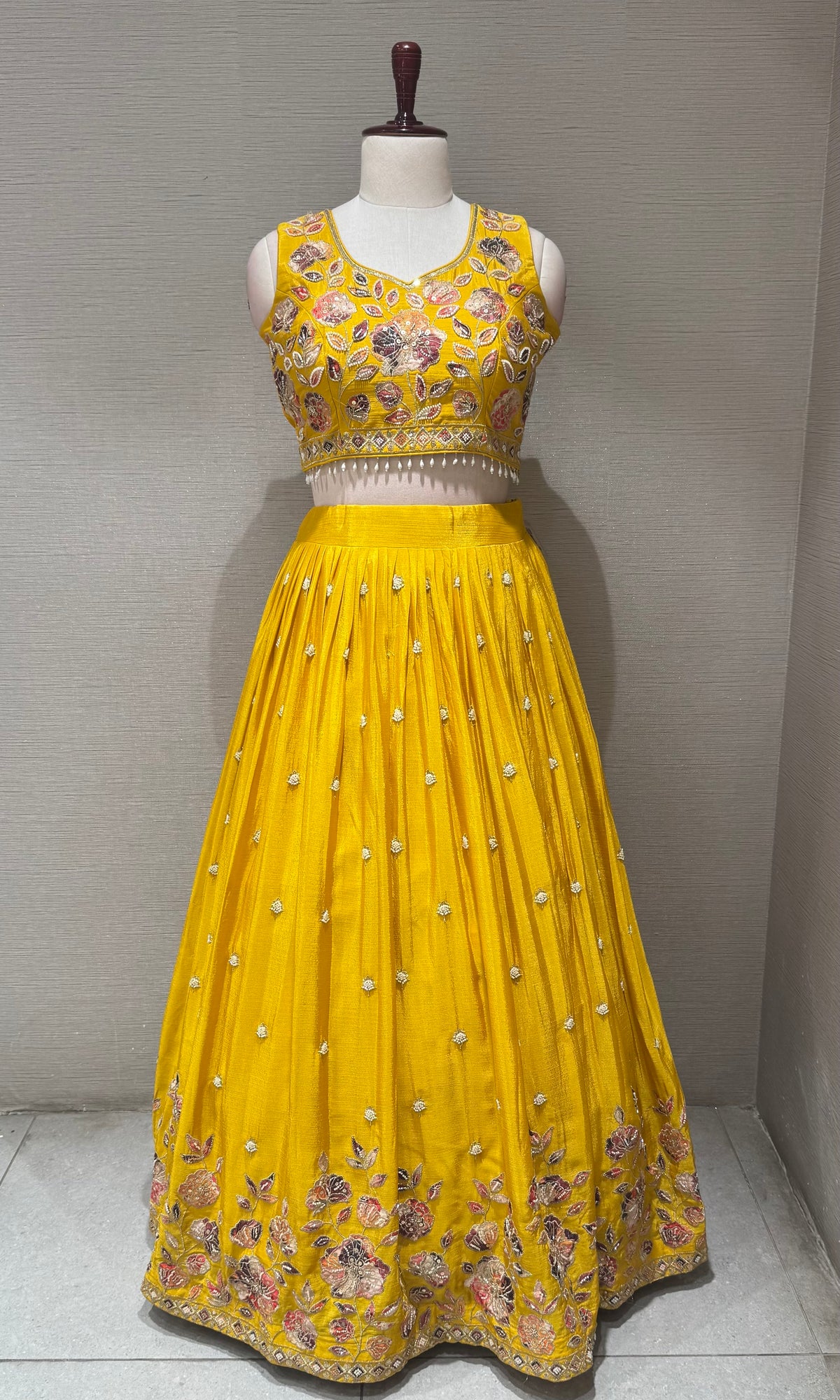 yellow Tissue silk Multi Floral Crop Top Lehenga set