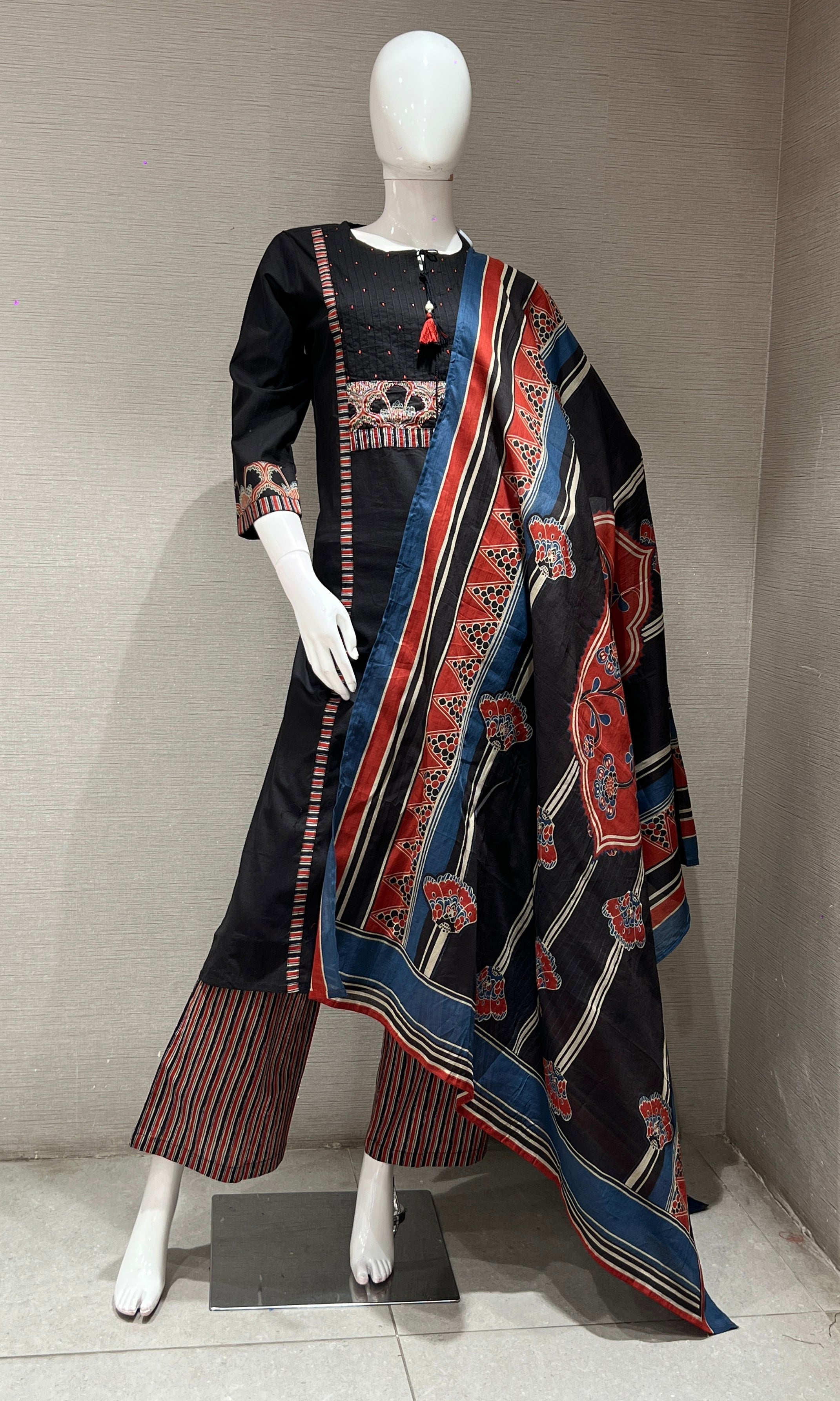 Black A LINE EMBROIDERED KURTA SET