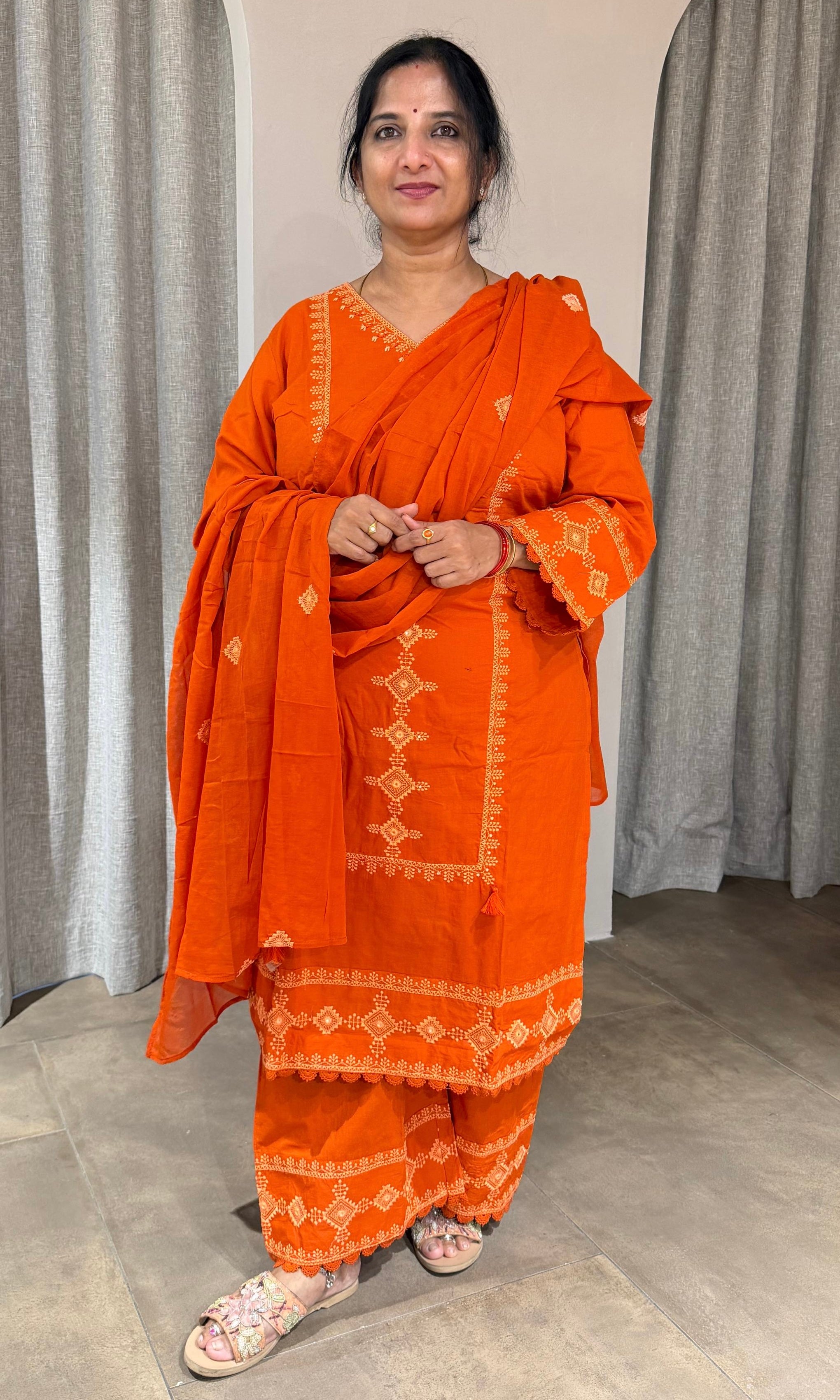 ORANGE GOLDEN ETHNIC PRINT KURTA SET