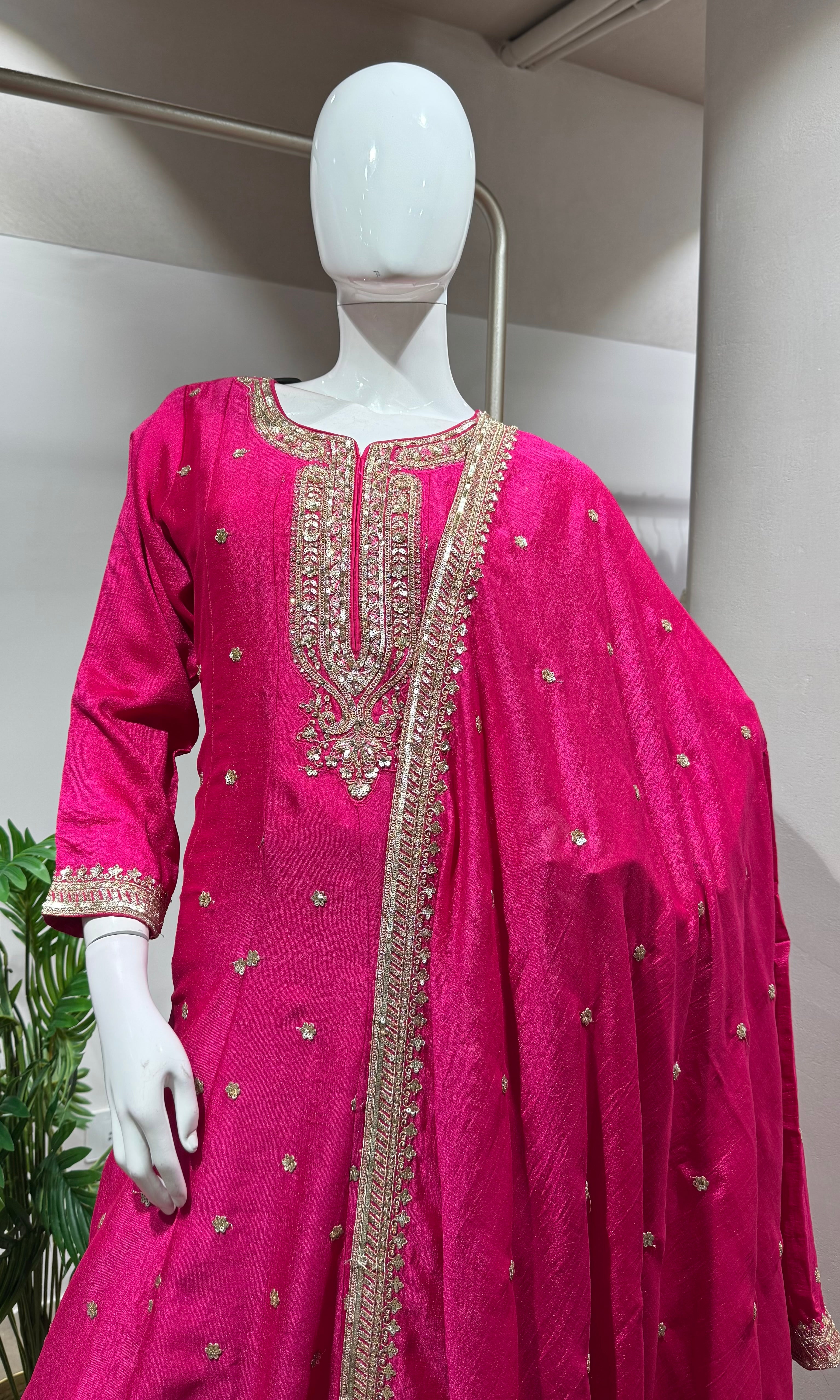 Pink Silk Embroidered Anarkali Set