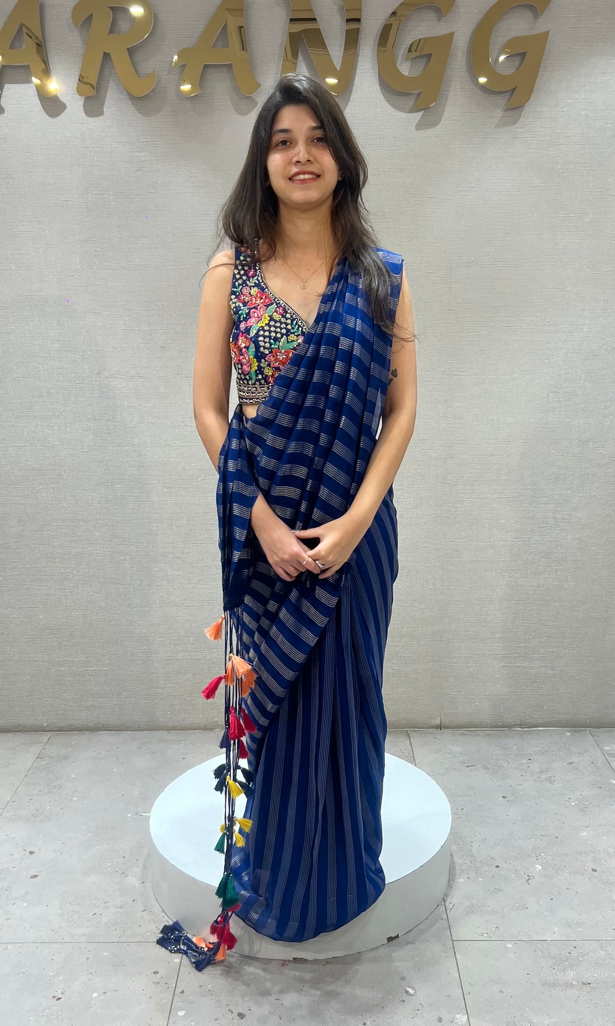 blue and silver striped Drape saree with intricate blouse