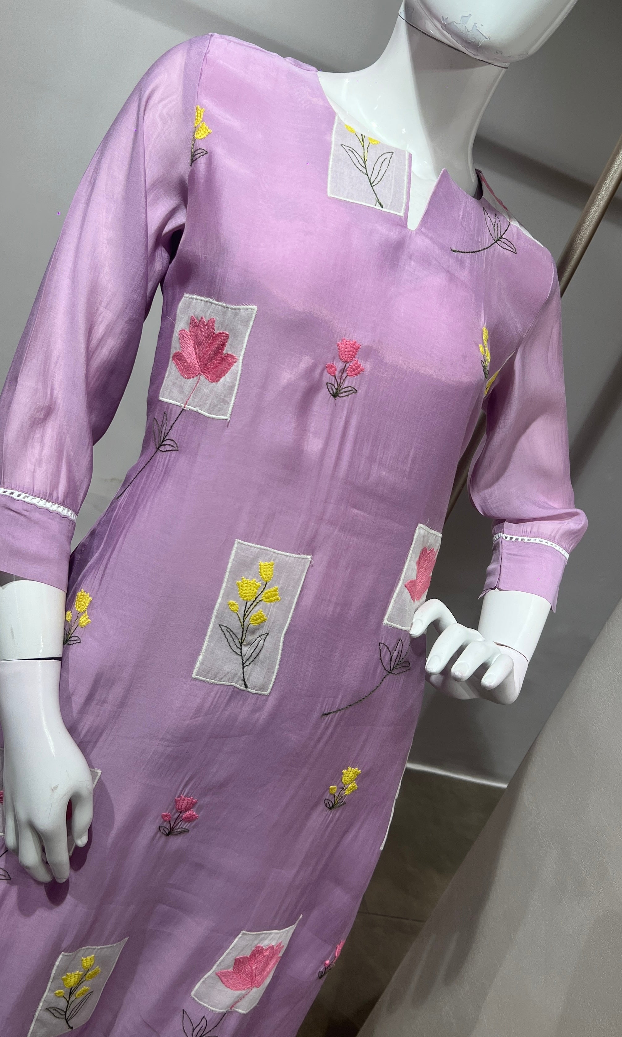 Lavender Patchwork Embroidered Kurta Set with Dupatta