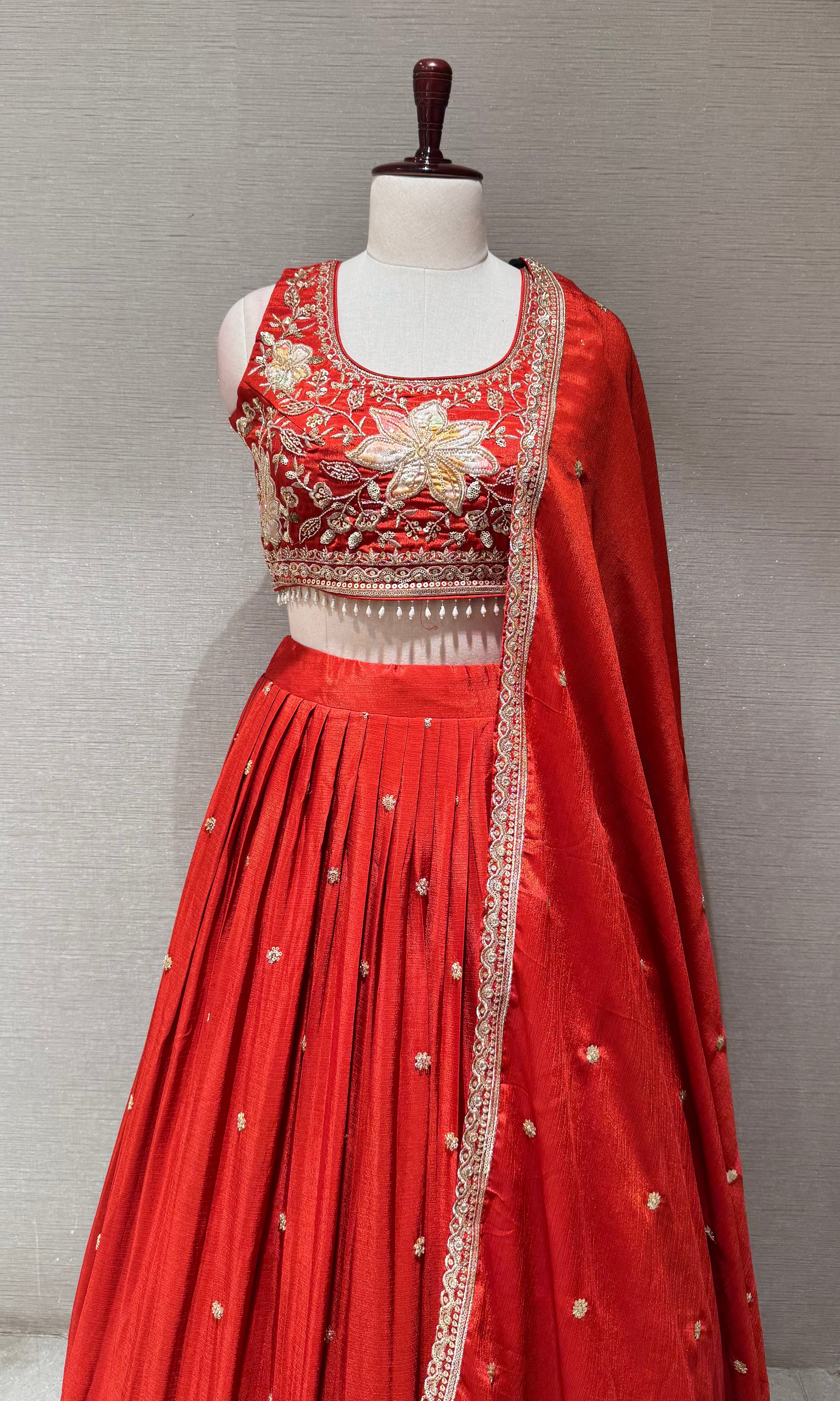 Orange Tissue silk Floral Embroidered Lehenga Set