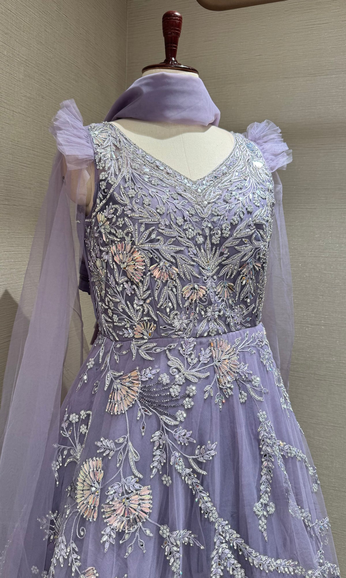 Purple Tulle Gown with Silver Floral Accents