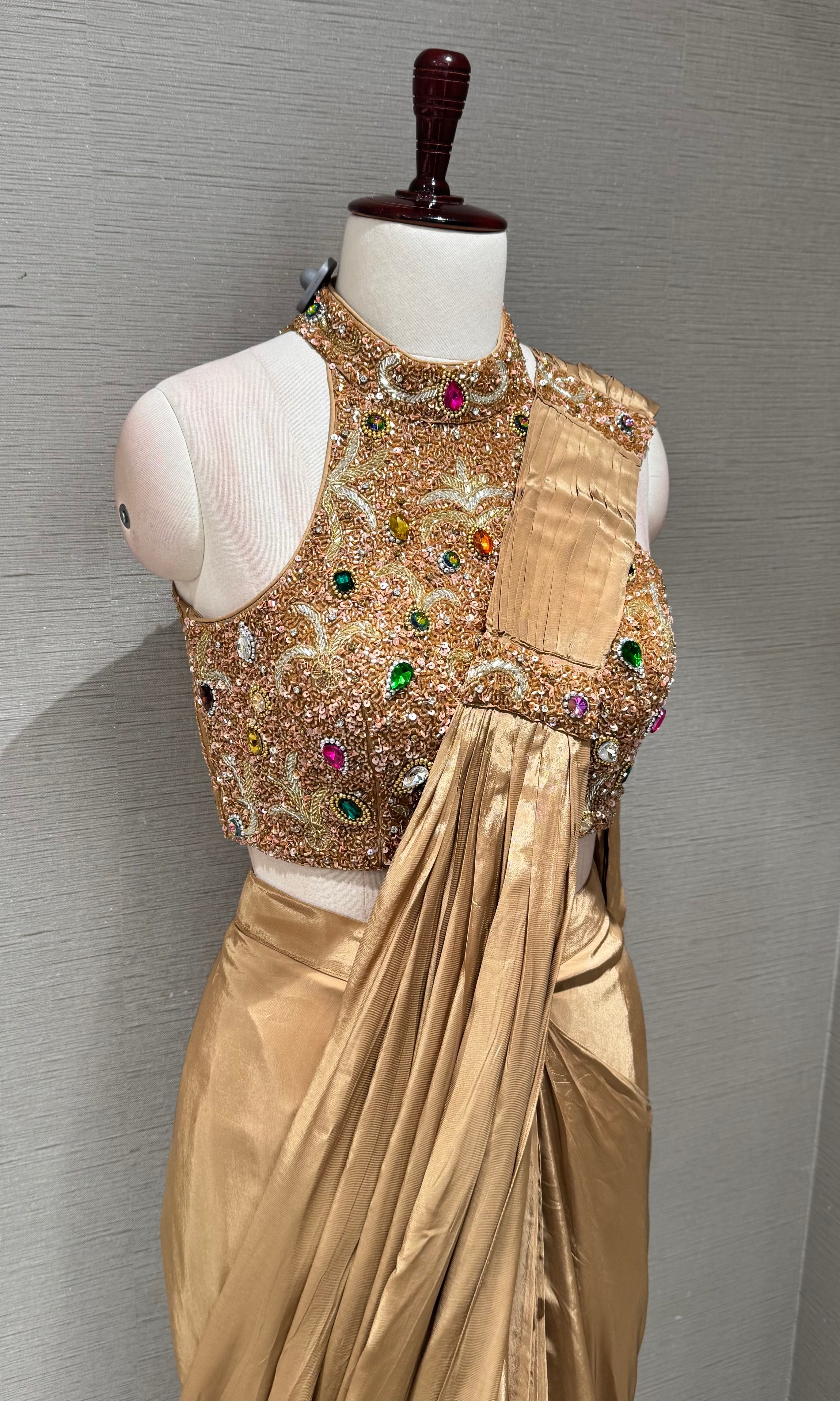 Gold Shimmer Saree with Jeweled Halter Blouse