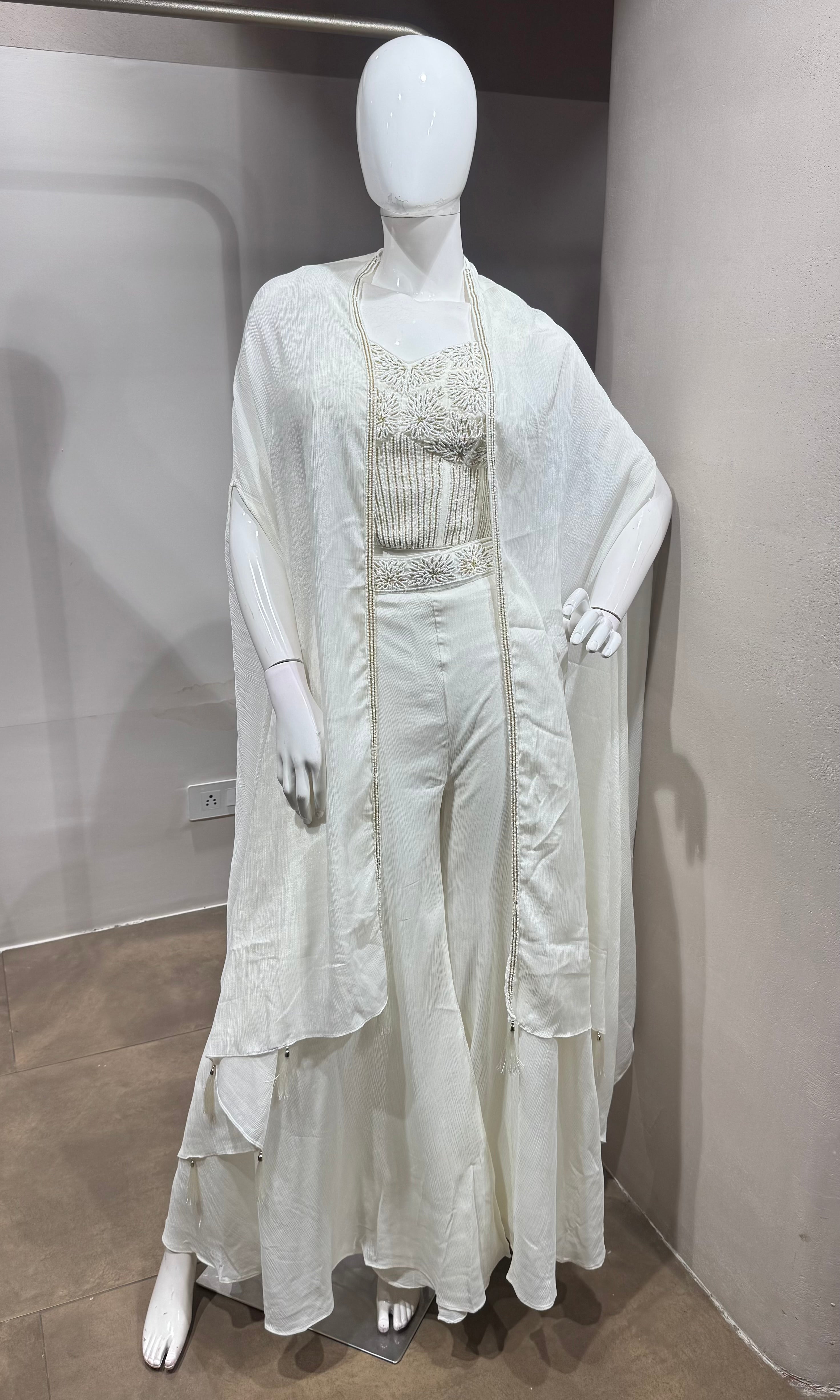 White Palazzo Set with Embroidered Crop Top and Cape Jacket