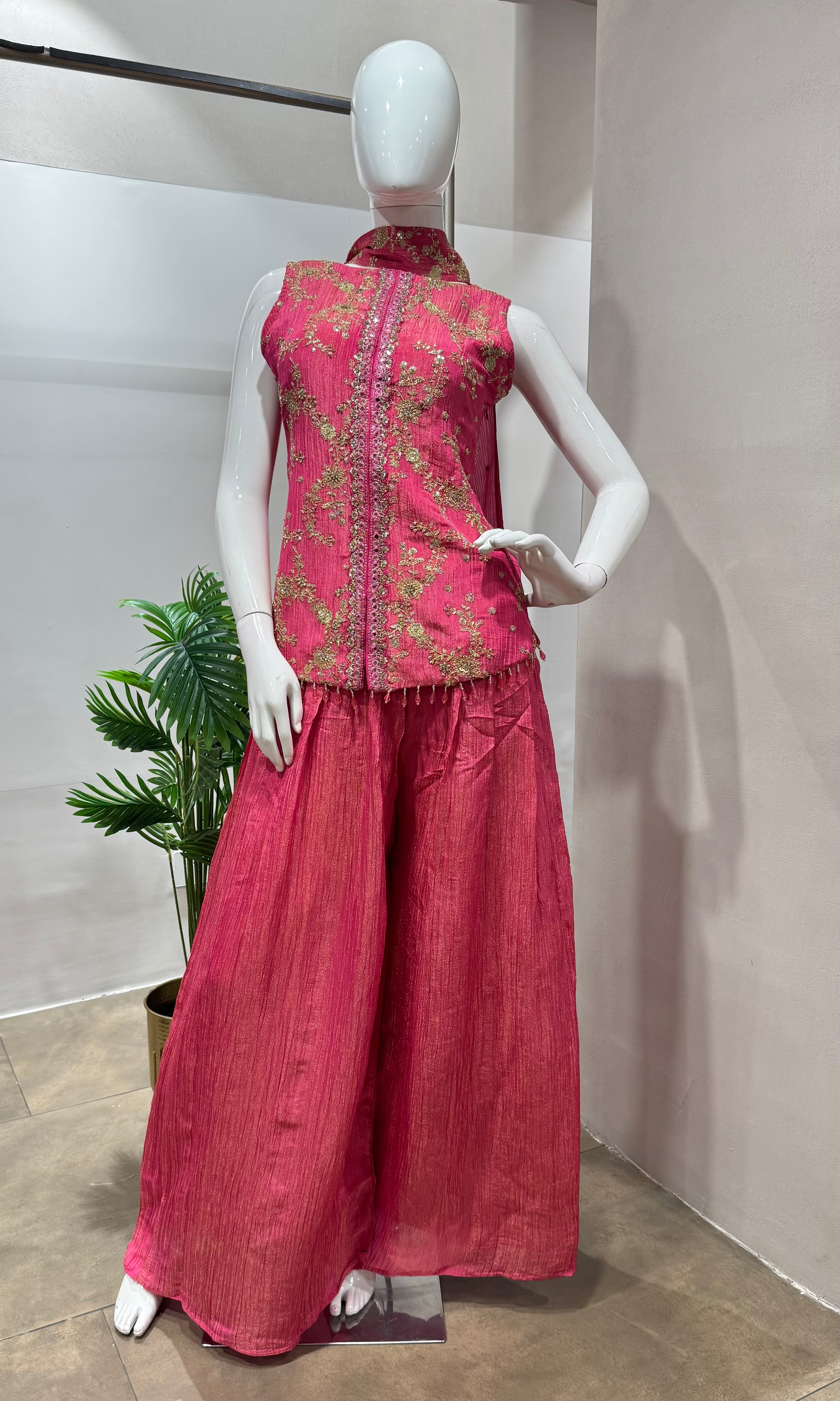 Pink embroidered peplum palazzo set