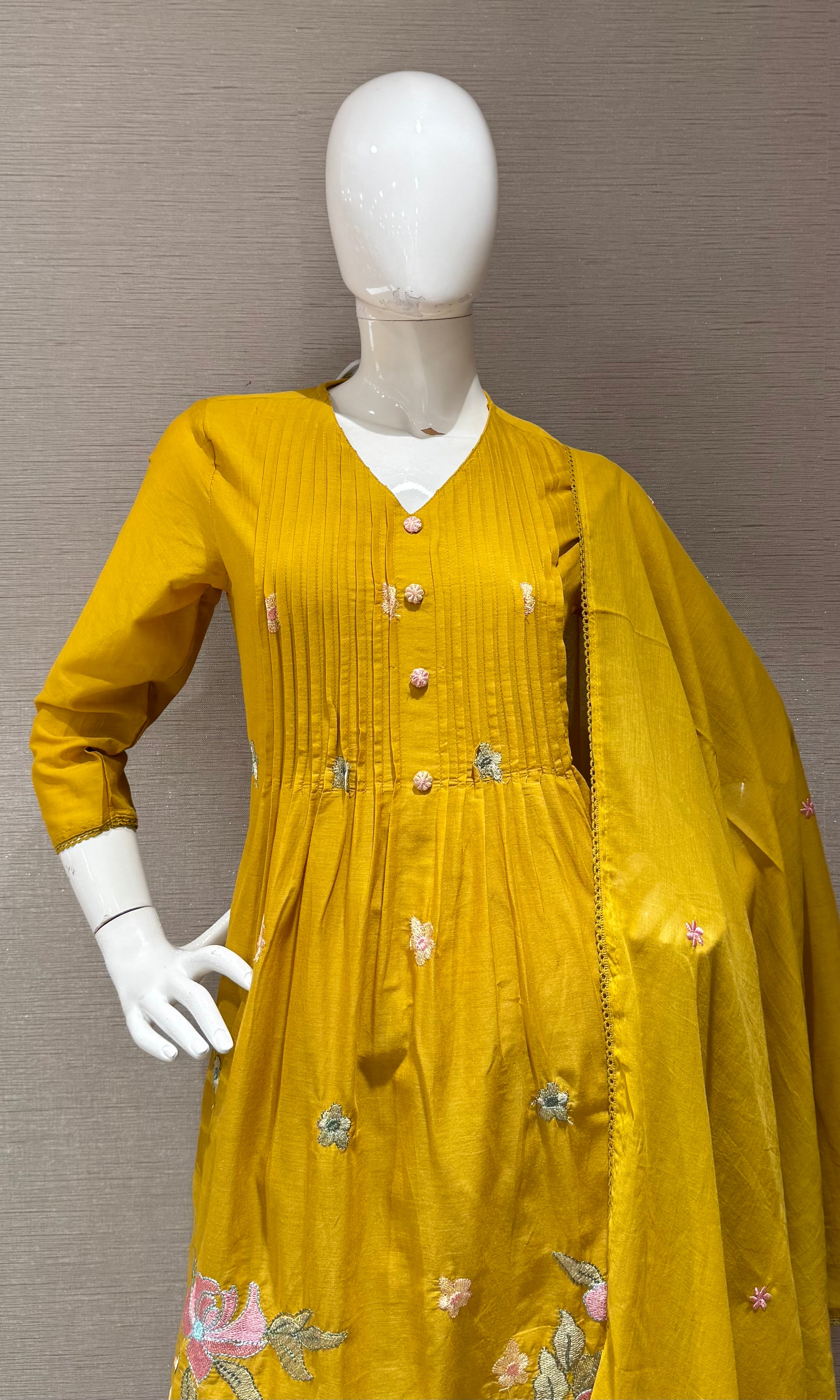 Yellow Floral Silk Chanderi kurta Set