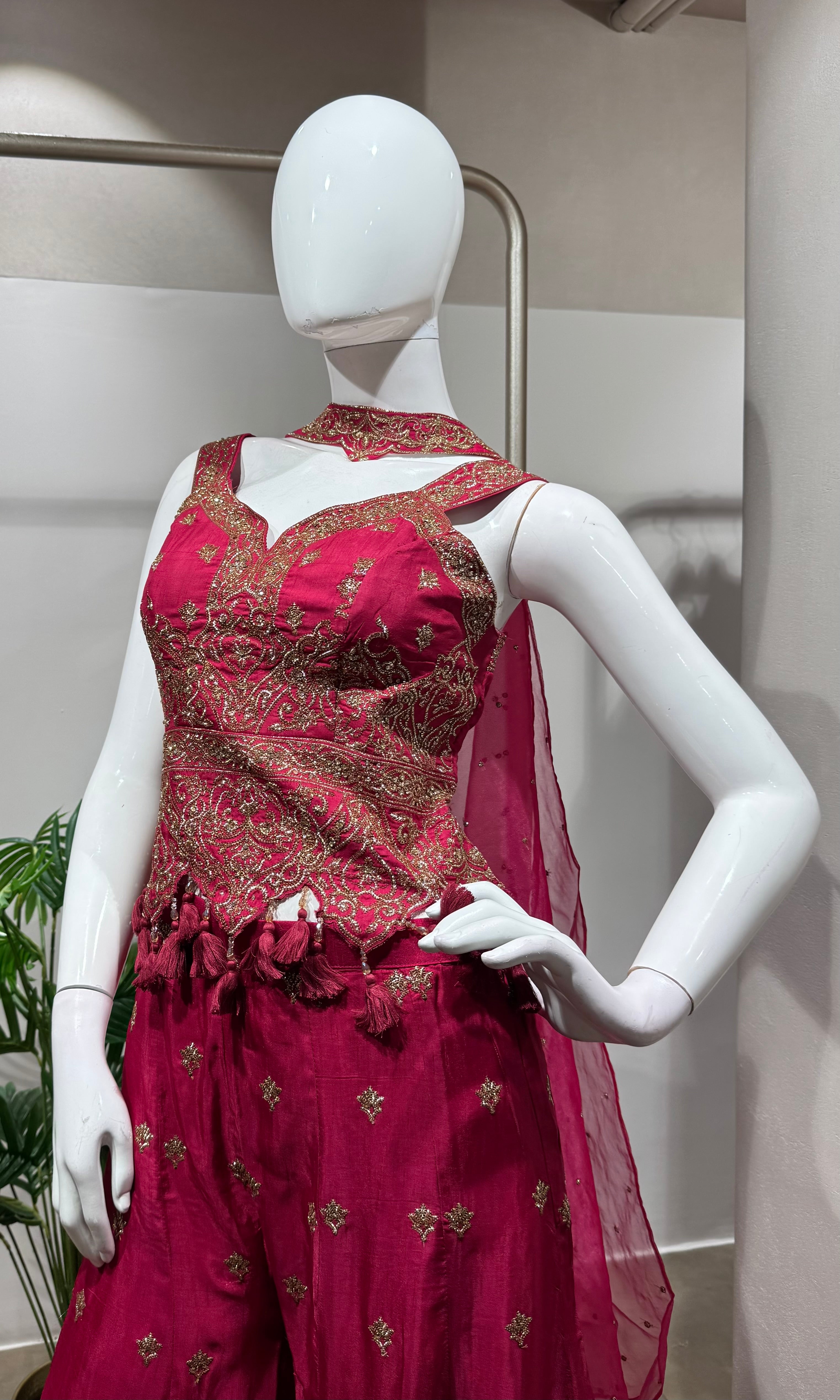 Pink Embroidered Peplum & Palazzo Ensemble