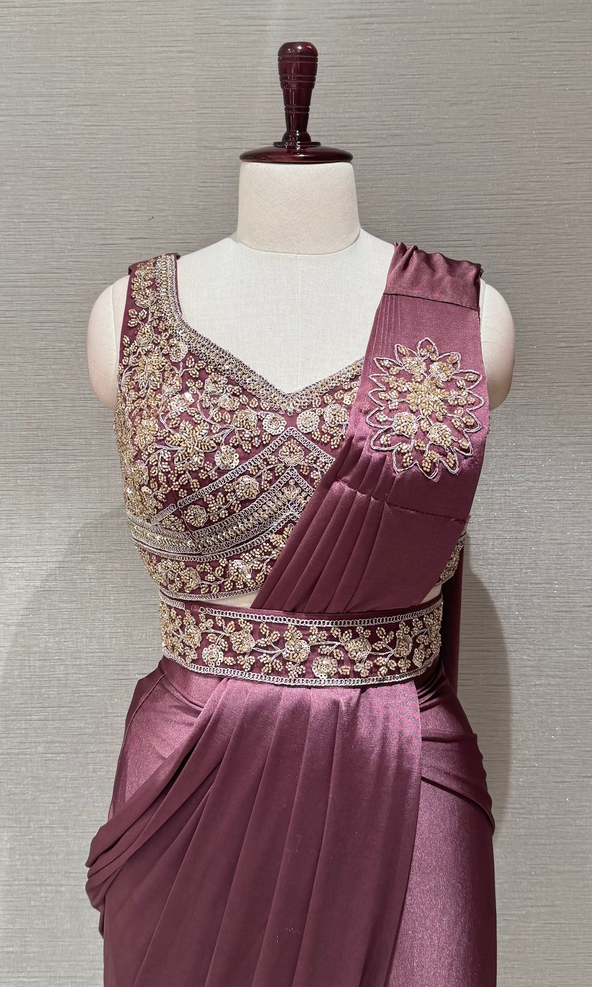 Wine Satin Drape Saree With embroidered blouse & belt