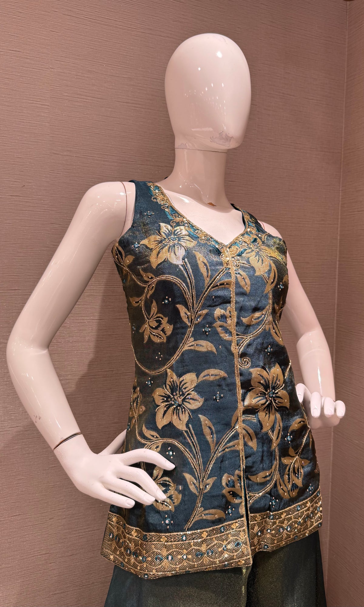 Peacock Blue and Gold Tissue Embroidered Palazzo set