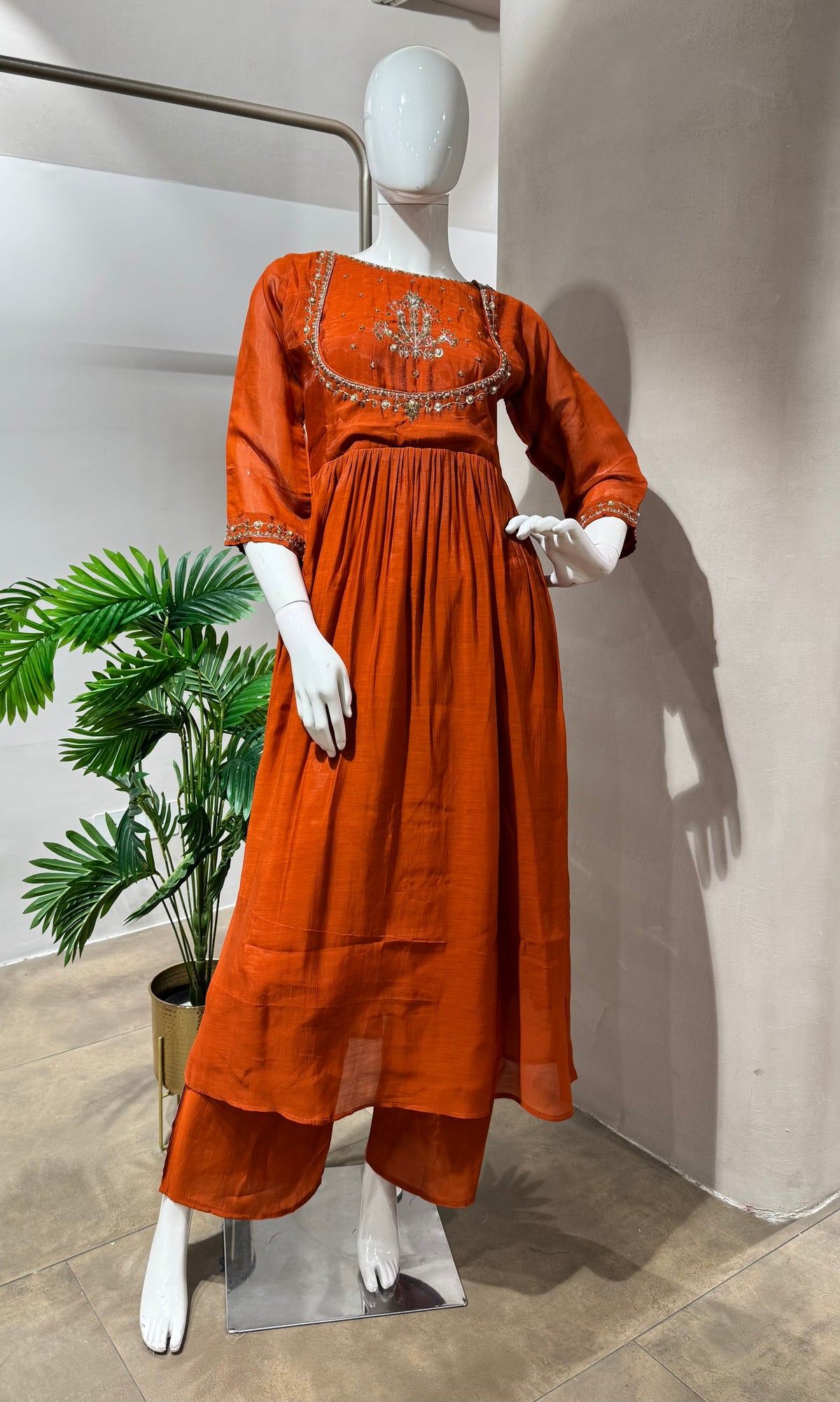 RUST EMBROIDERY MUL CHANDERI KURTA SET