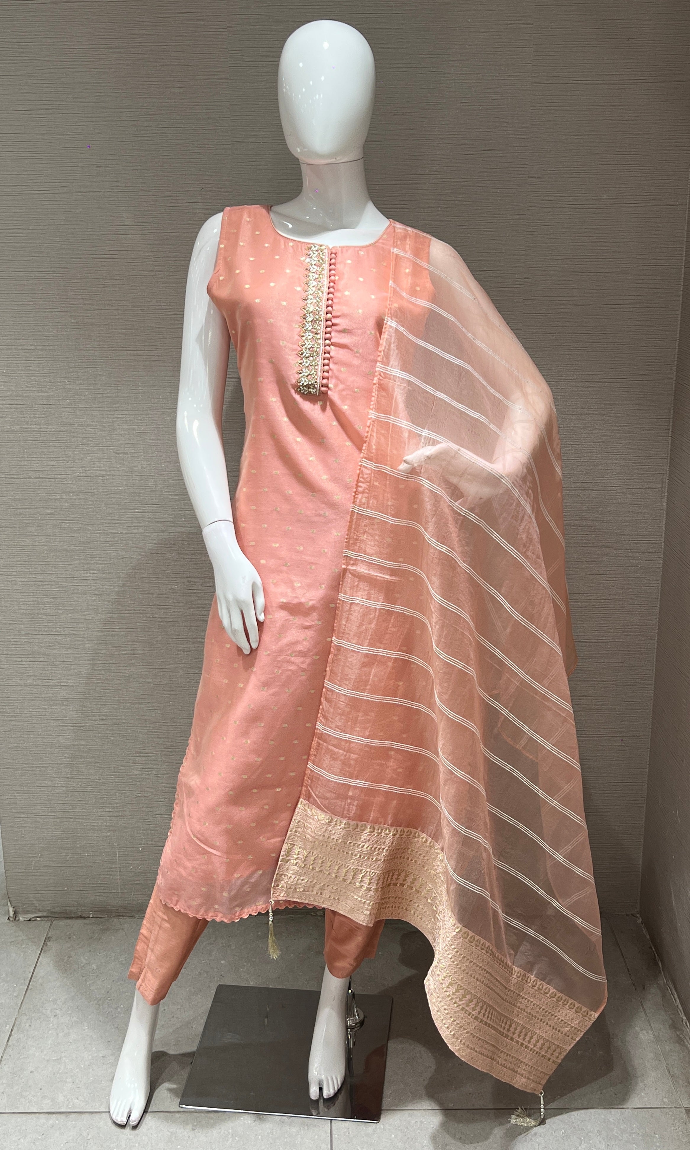 Peach kurta set with striped dupatta