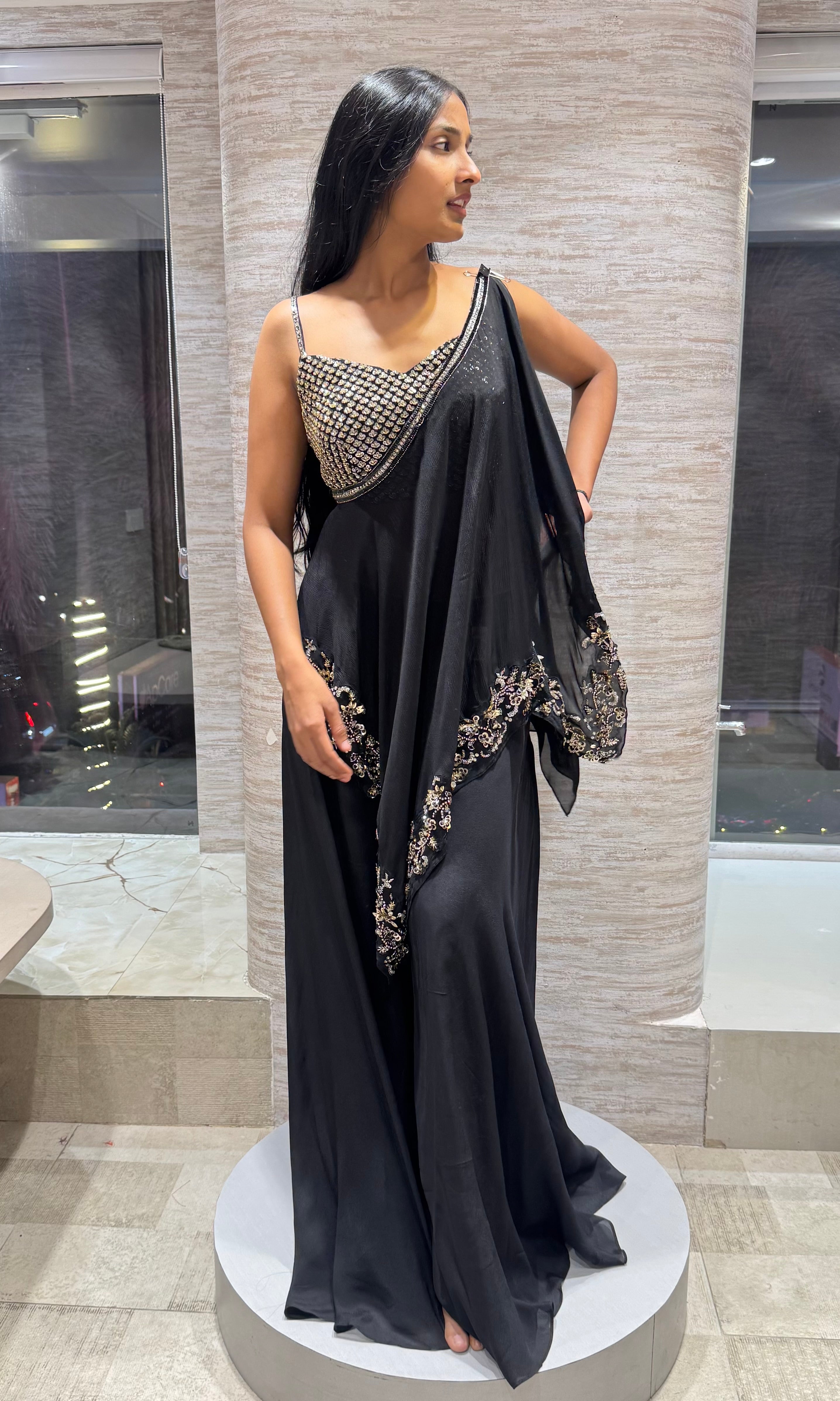 Black gold sharara with asymmetrical blouse