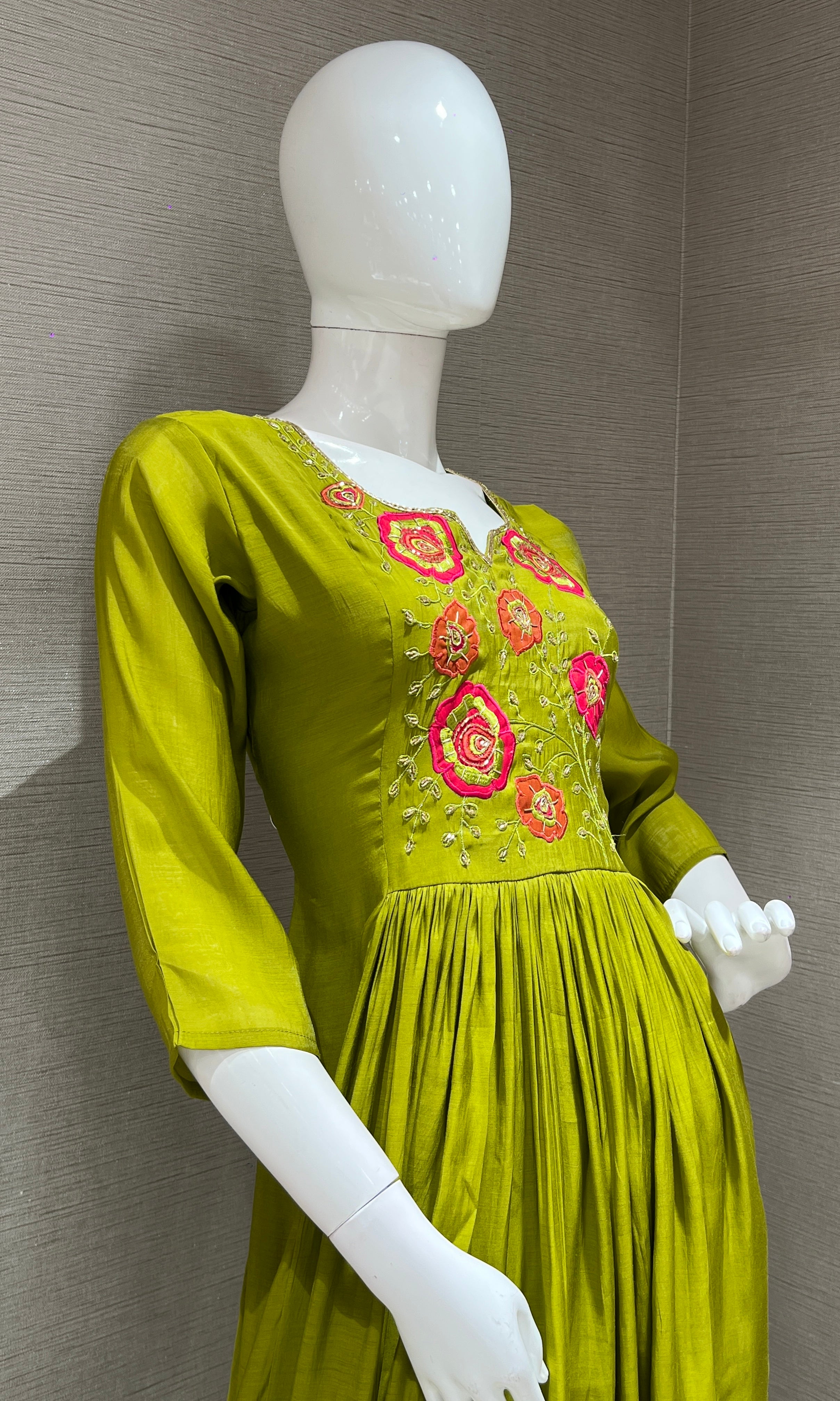 Green Floral Mul Chanderi kurta set