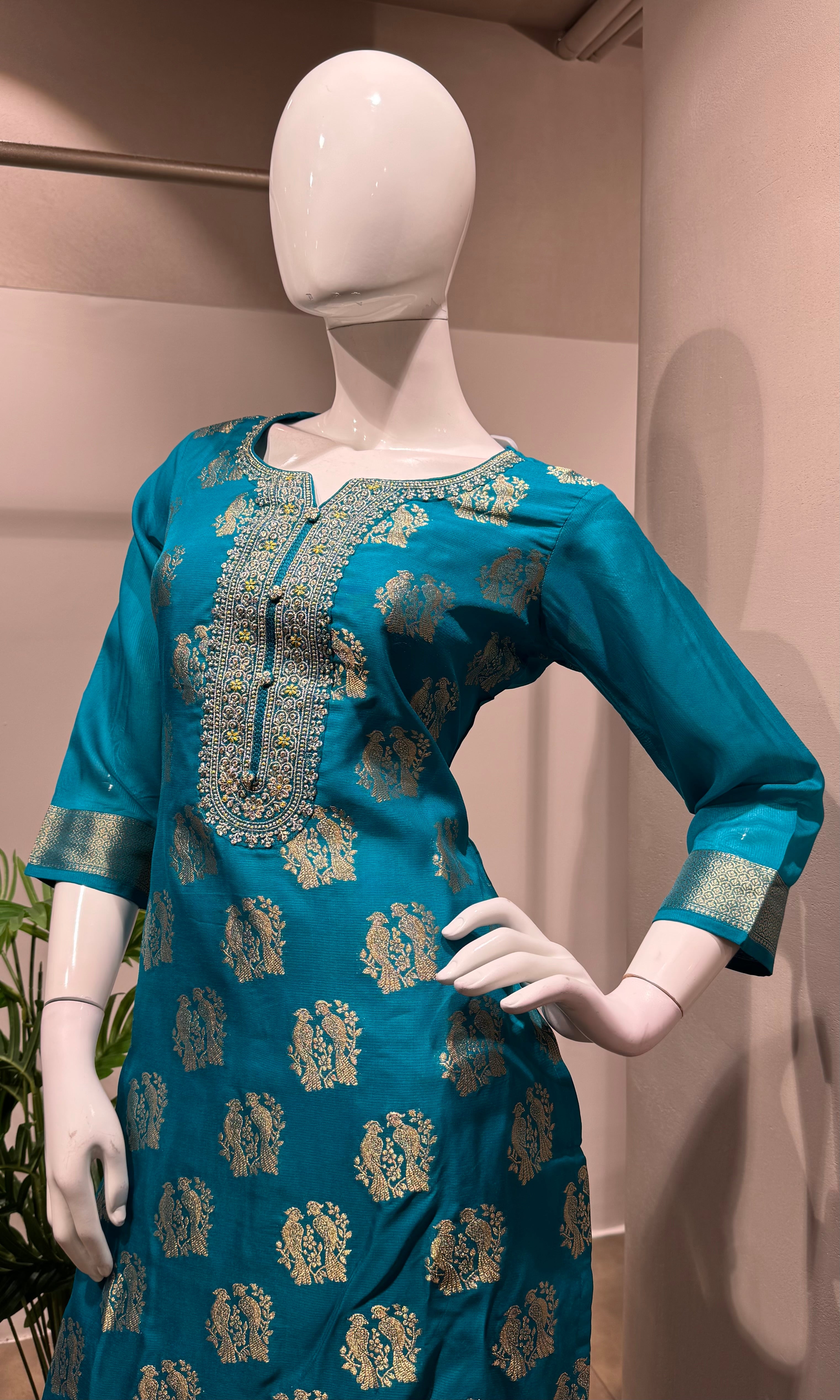 Rama Blue Silk embroidered kurta set