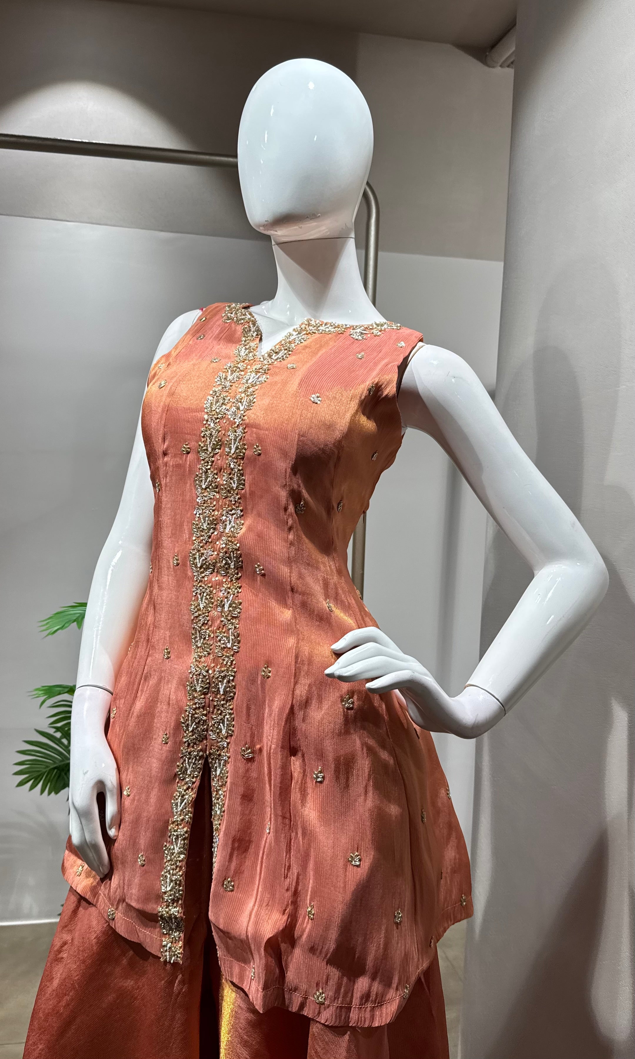 Peach Golden Tissue peplum palazzo Set