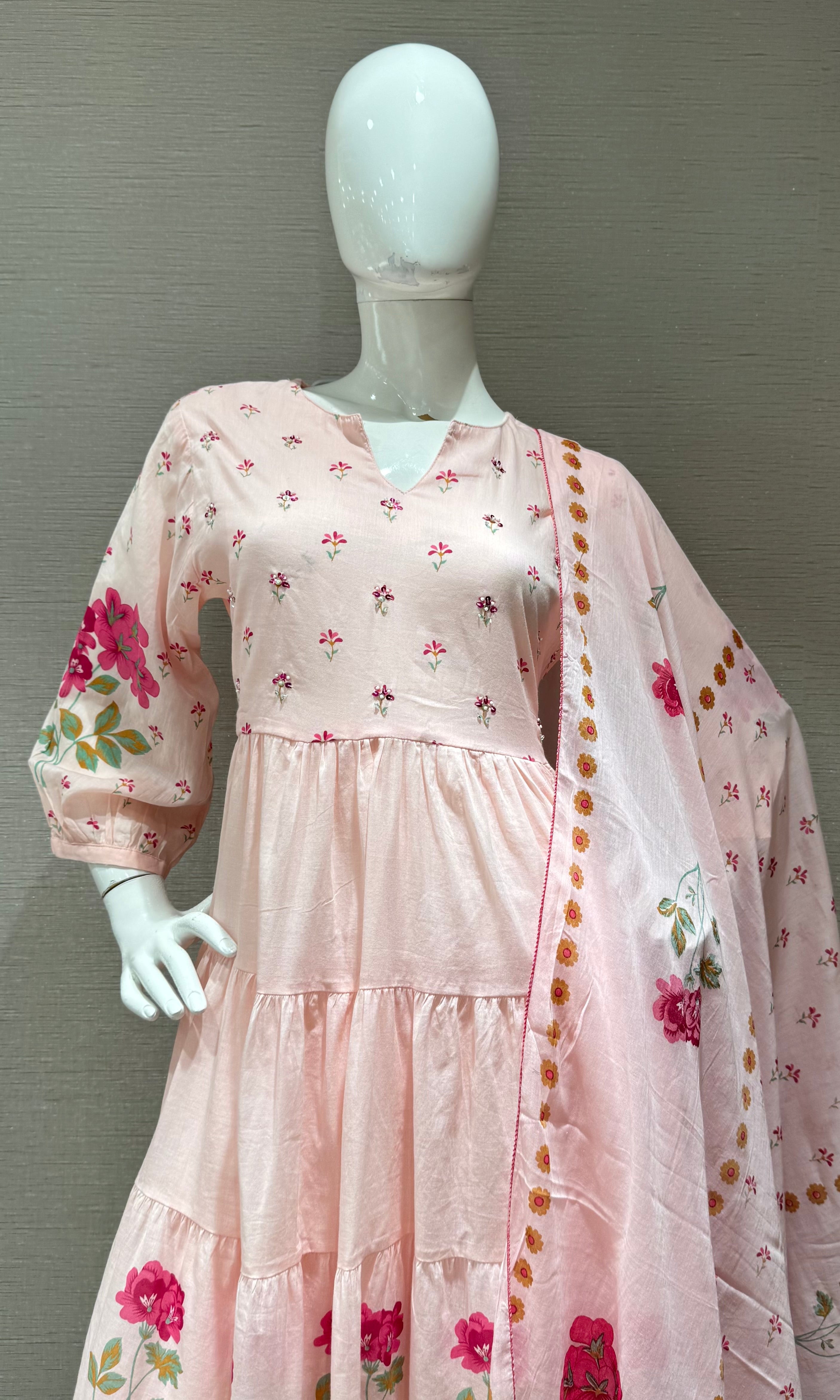 Pink Floral Print Tiered Ethnic Anarkali kurta set