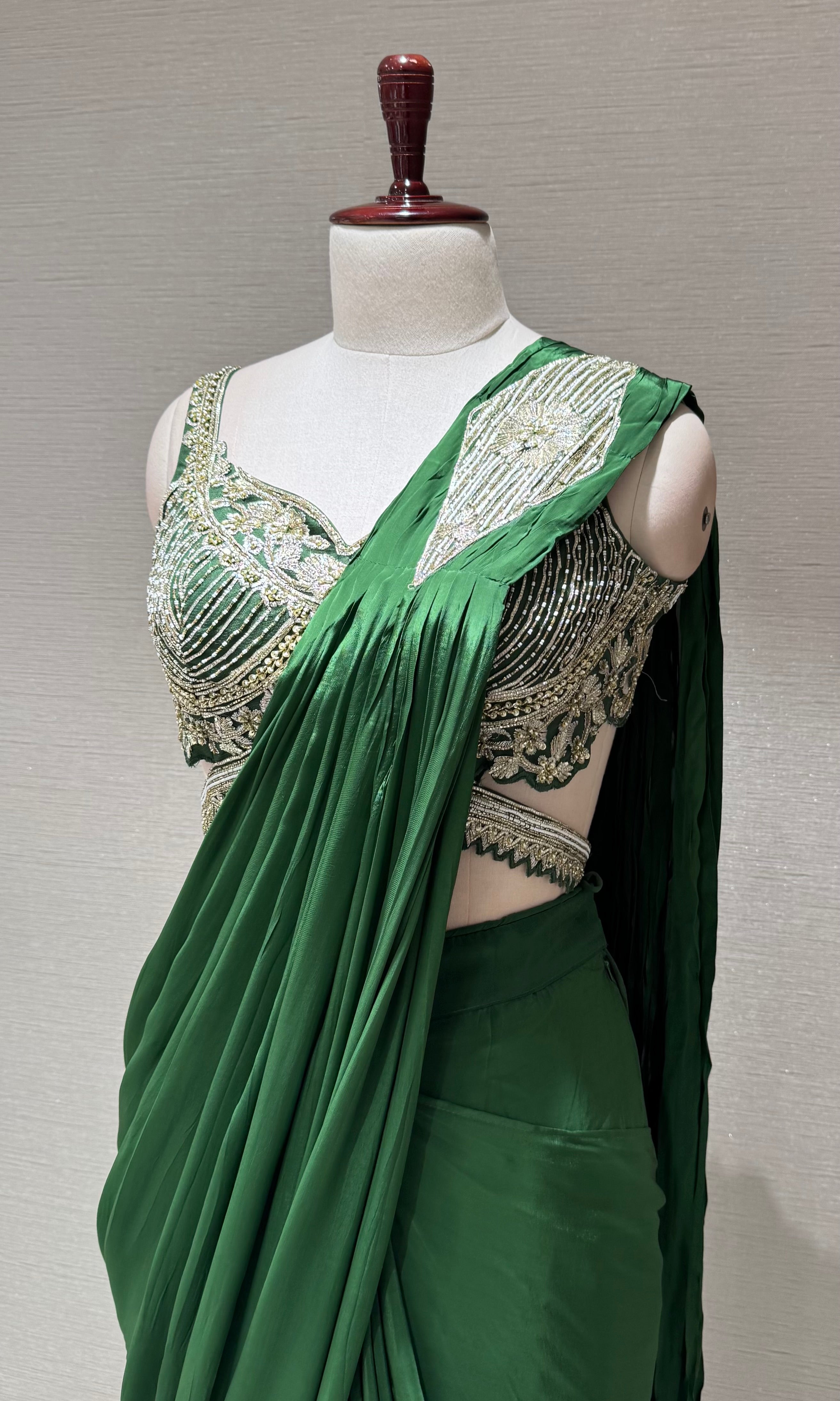 Green Draped Saree with Embellished Silver Blouse