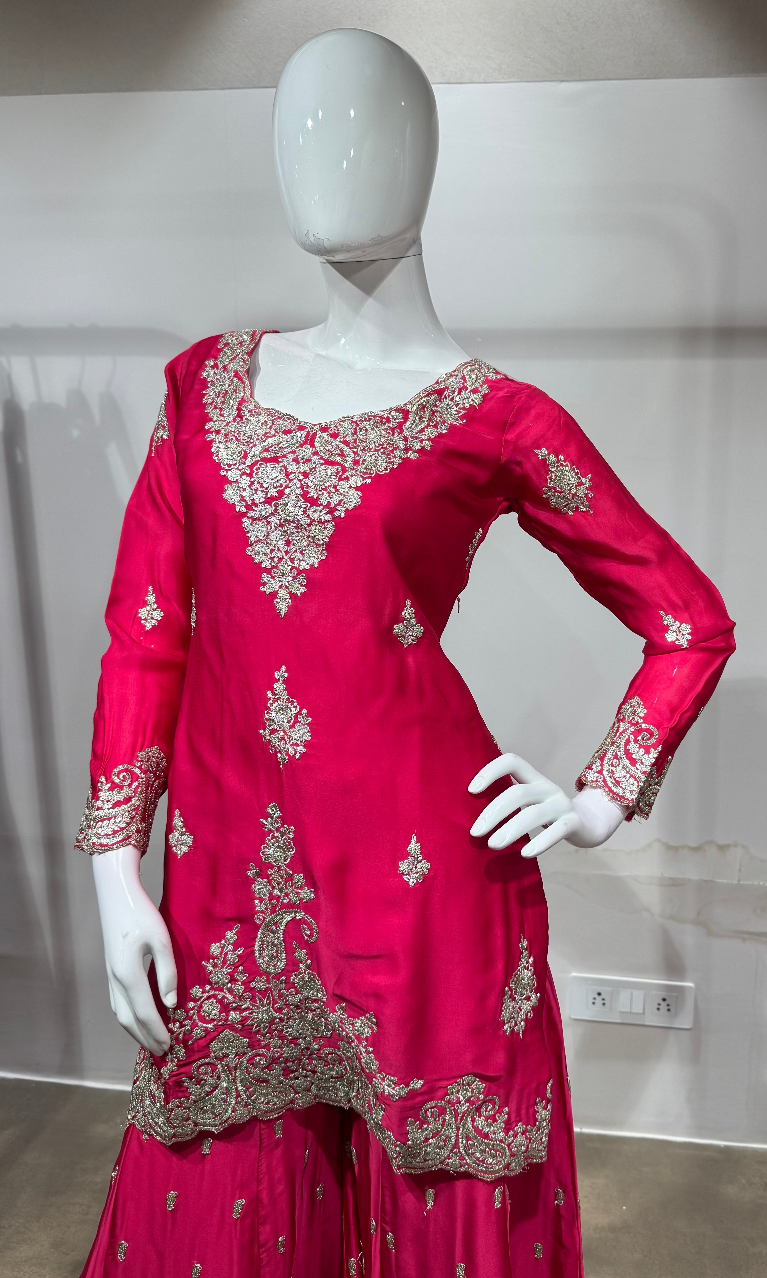 Rani Pink Silk Embroidered Sharara Set