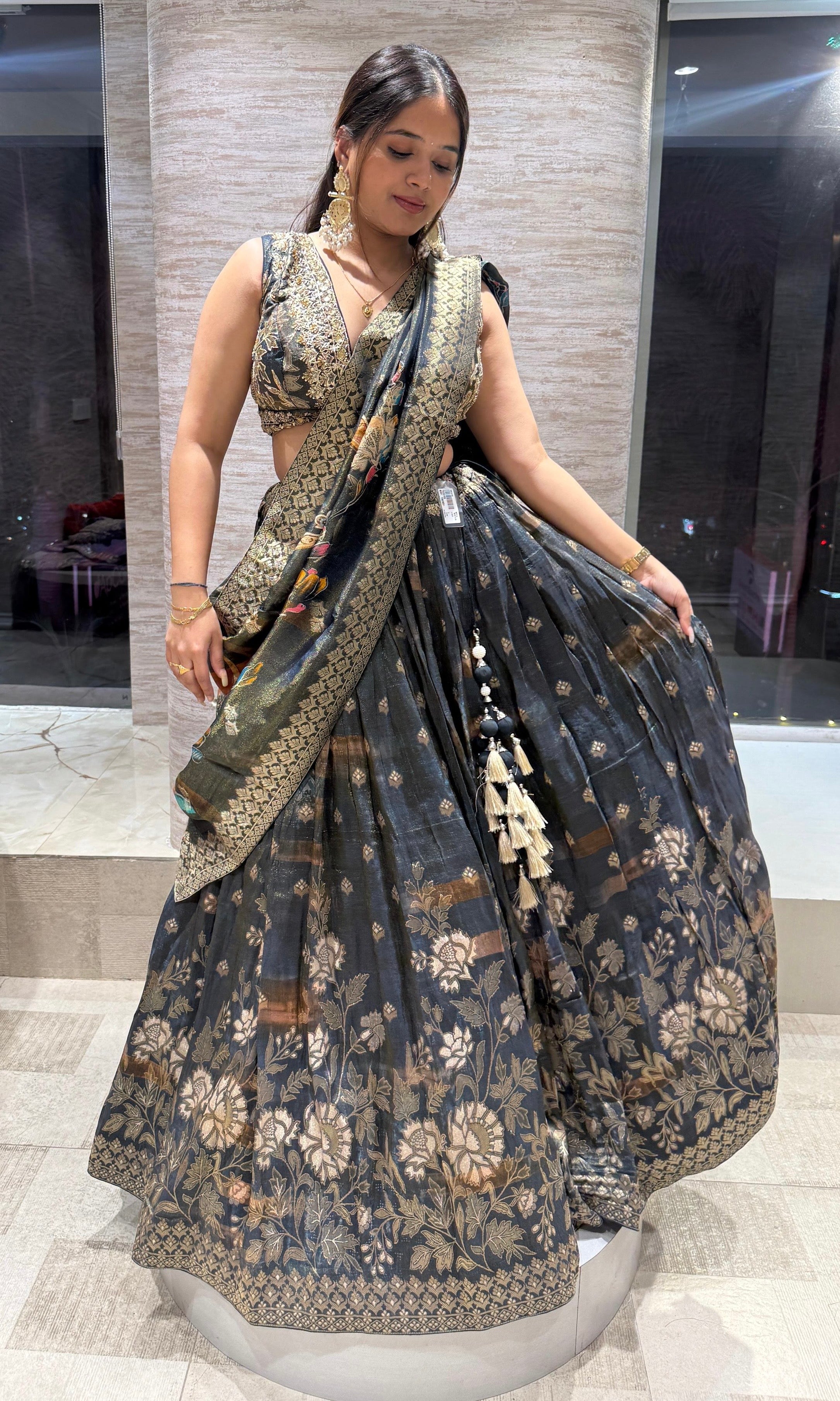 Green gold floral embroidered Lehenga