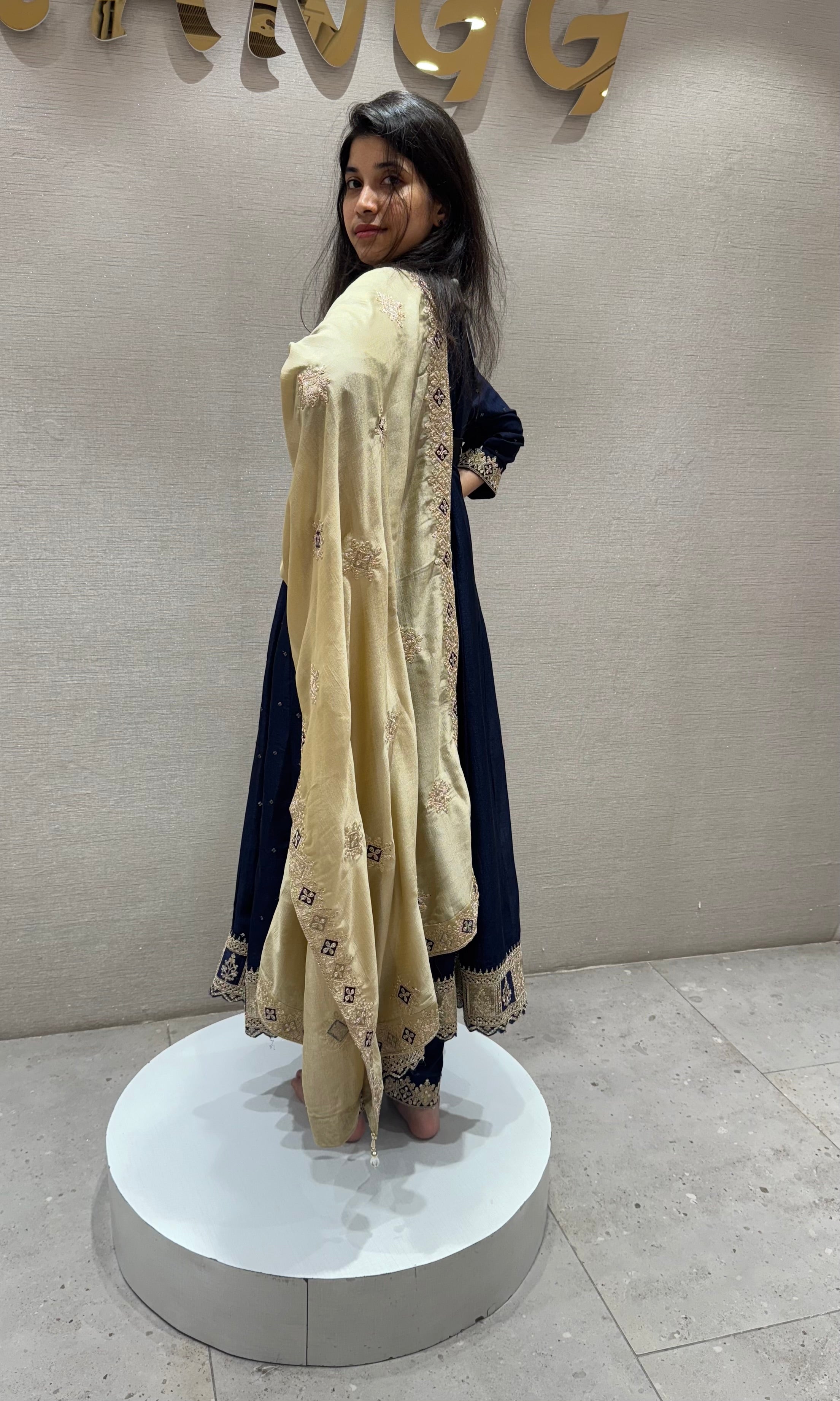 Navy blue Anarkali with contrast dupatta