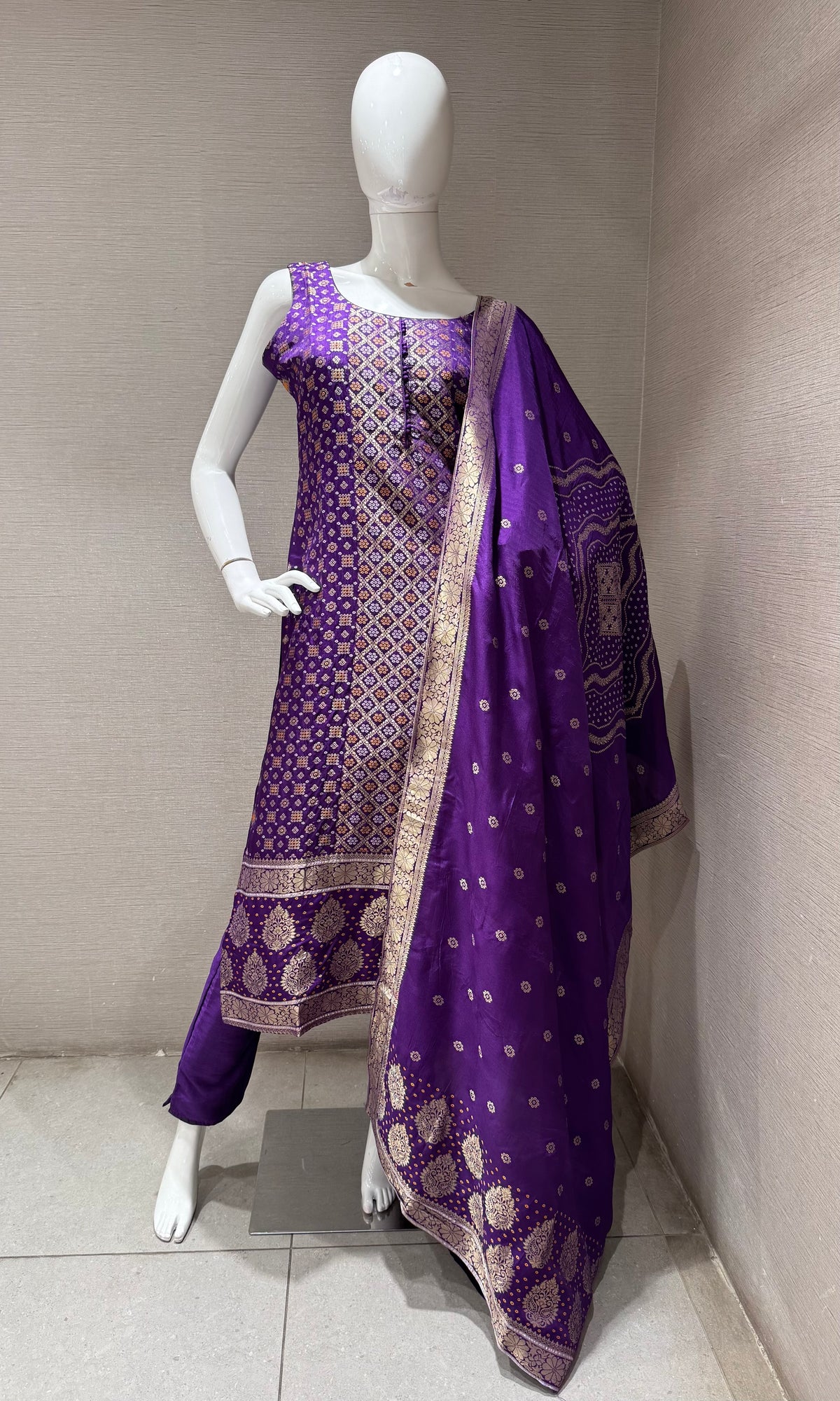 Purple Embroidered silk Kurta Set with Banarasi Dupatta
