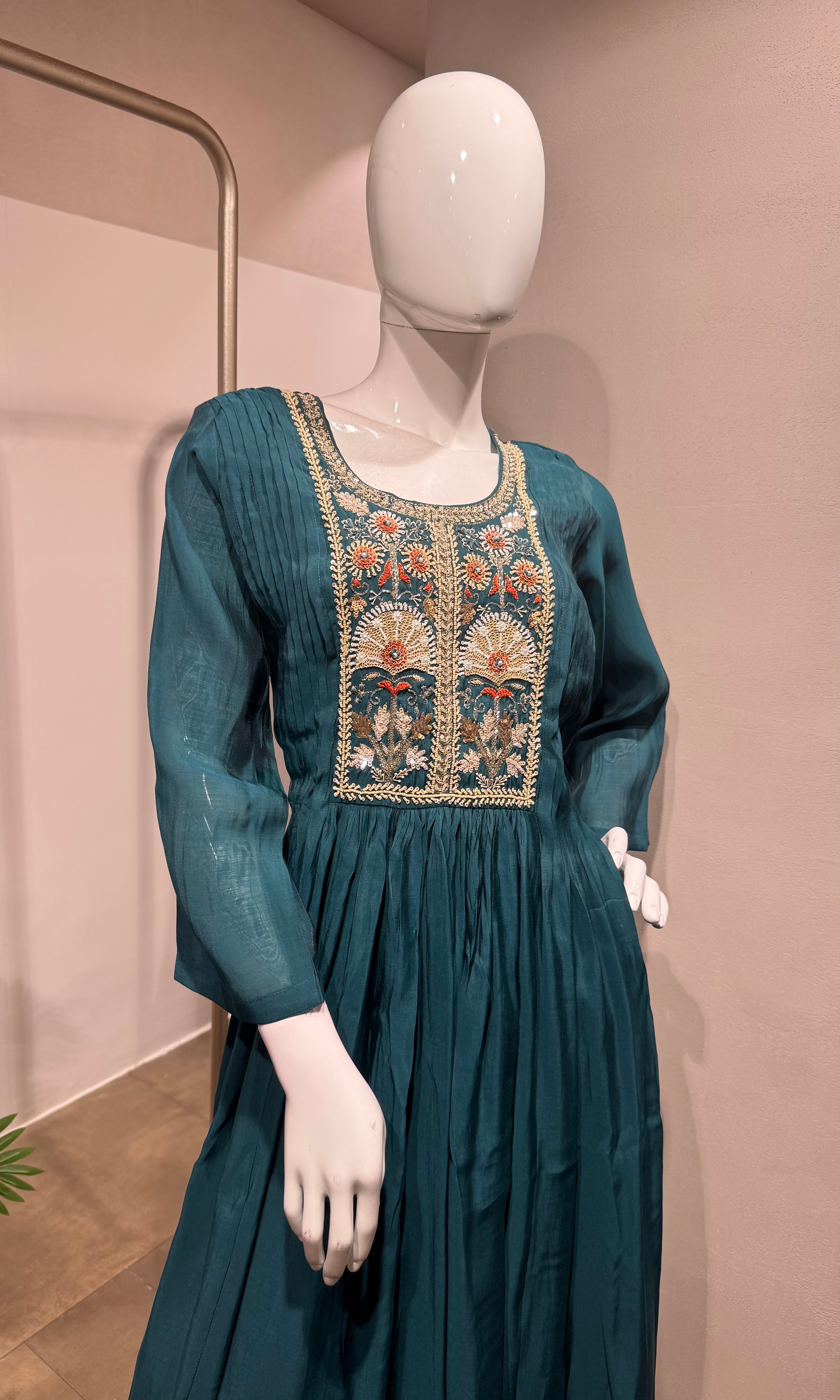 Teal blue embroidered kurta set
