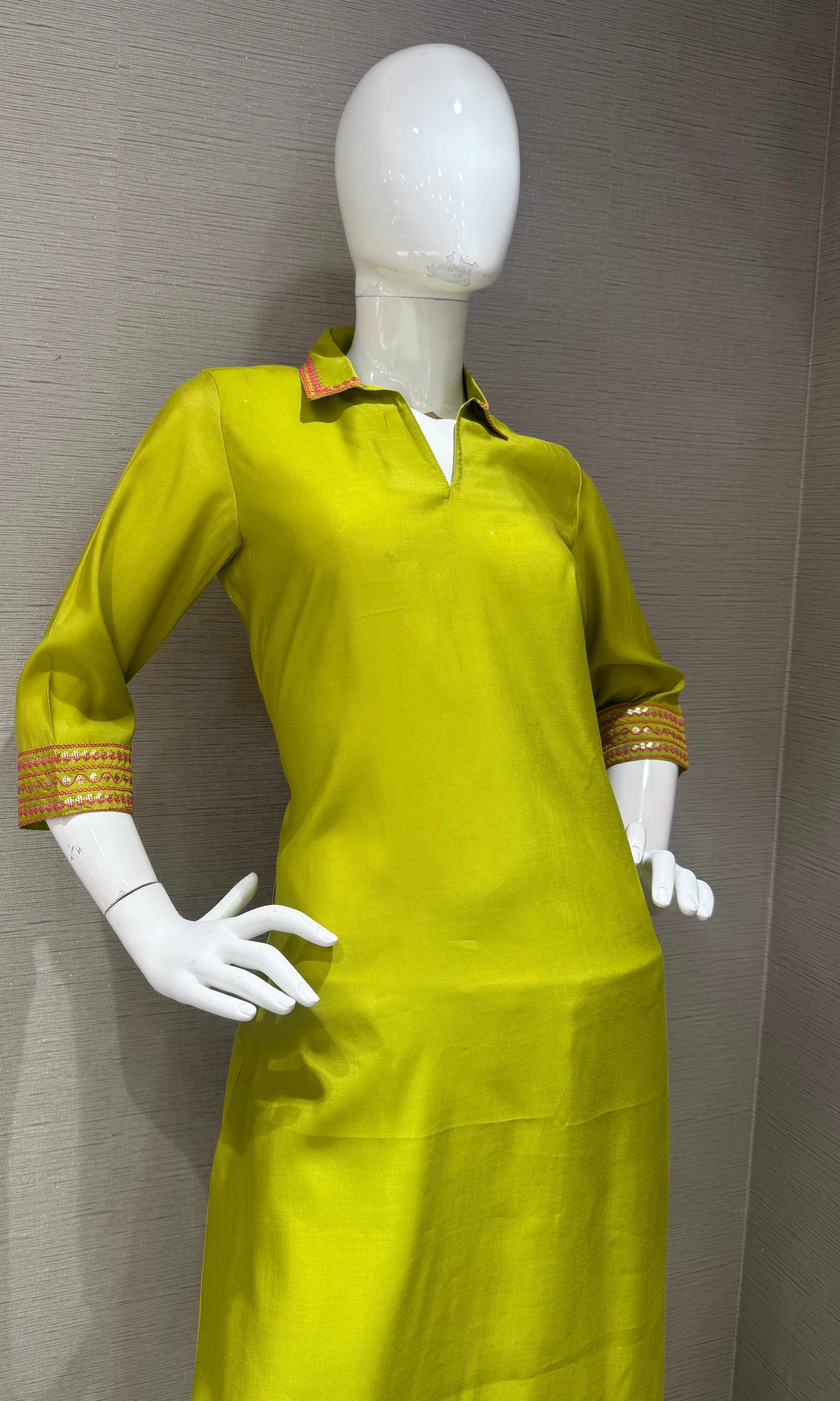 Lime Green Collar Neck Kurti with bottom