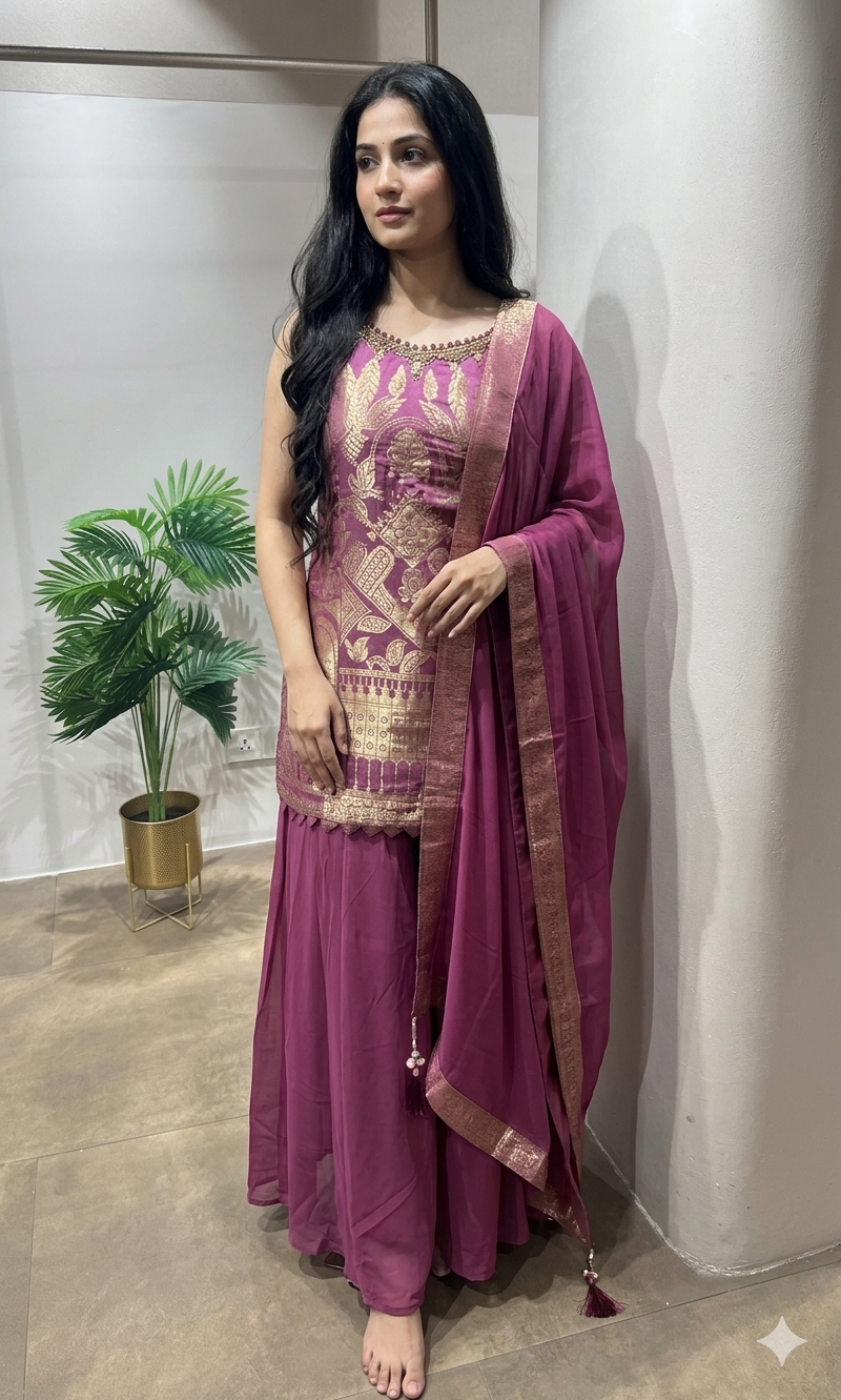 wine golden zari embroidered sharara set