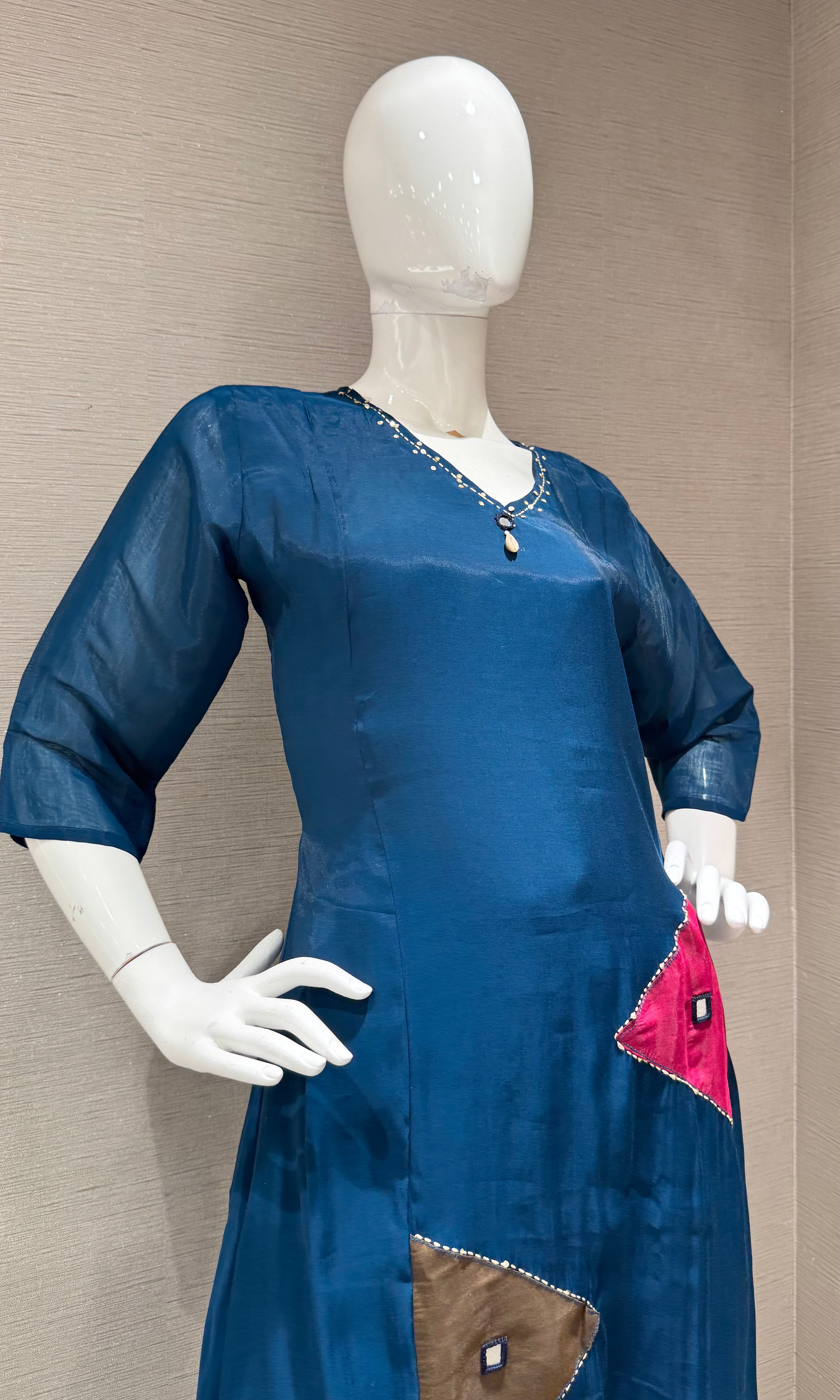 Navy Blue Chanderi Kurta Set with Draped Dupatta