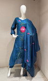 Navy blue cotton rose floral embroidery kurta set with dupatta