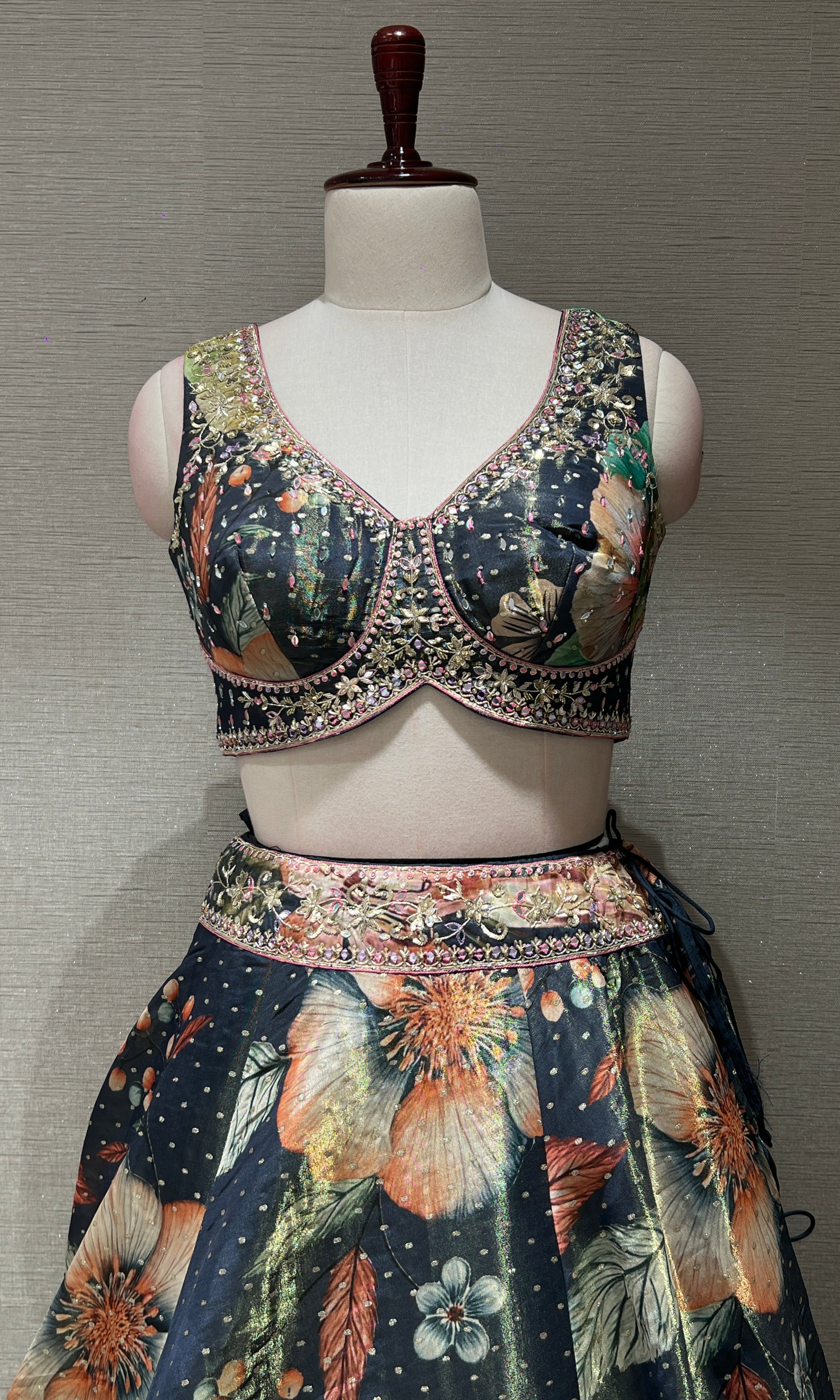 Olive green Floral Embroidered Lehenga