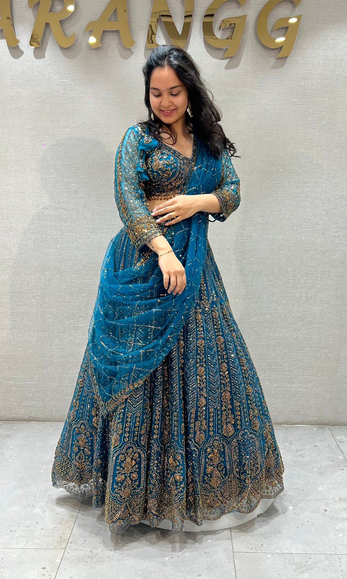 Peacock Blue & Gold Zari Work Lehenga Set