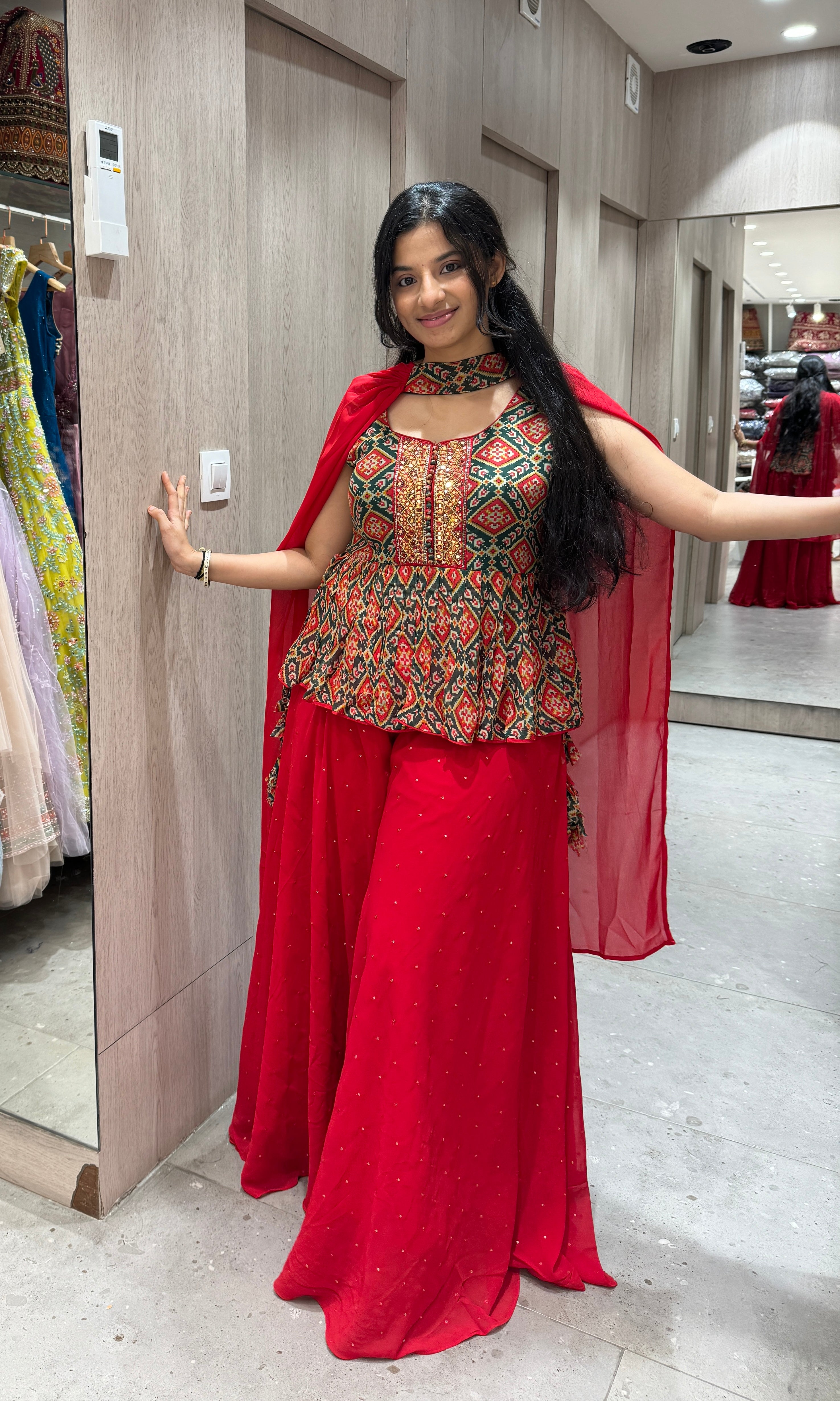 Red Print Peplum Palazzo Set