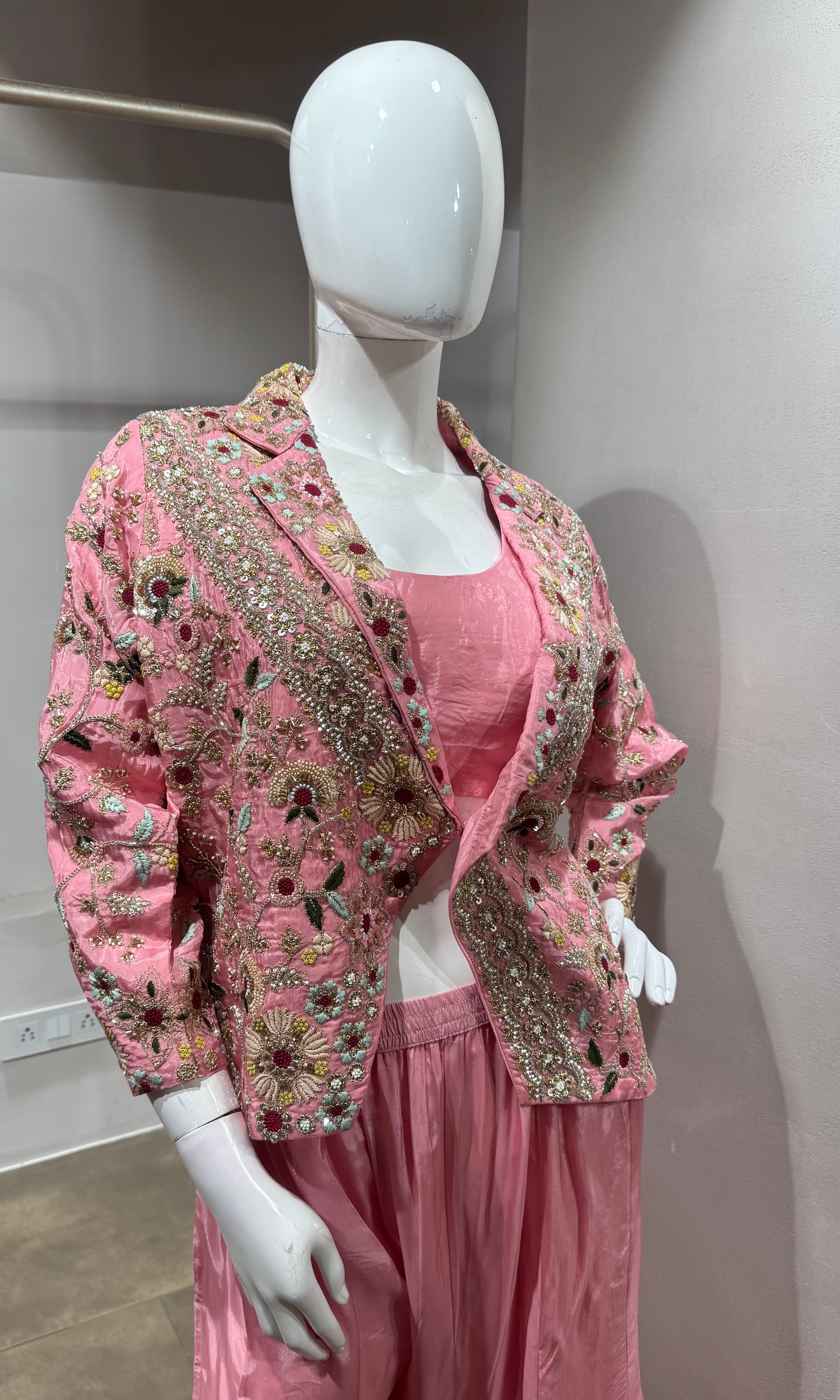 Pink Floral Embroidered Jacket palazzo Suit