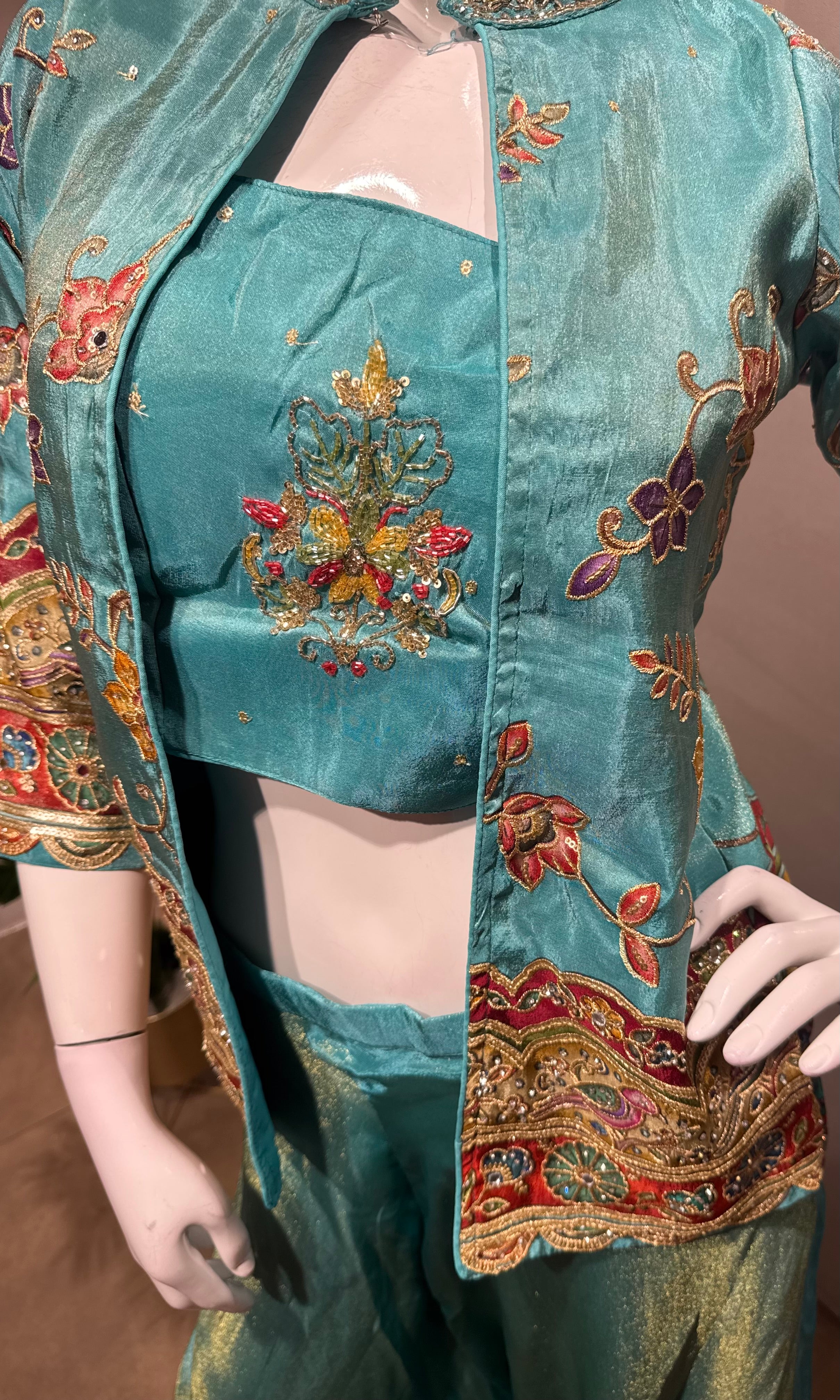 green Silk Jacket Style Palazzo set