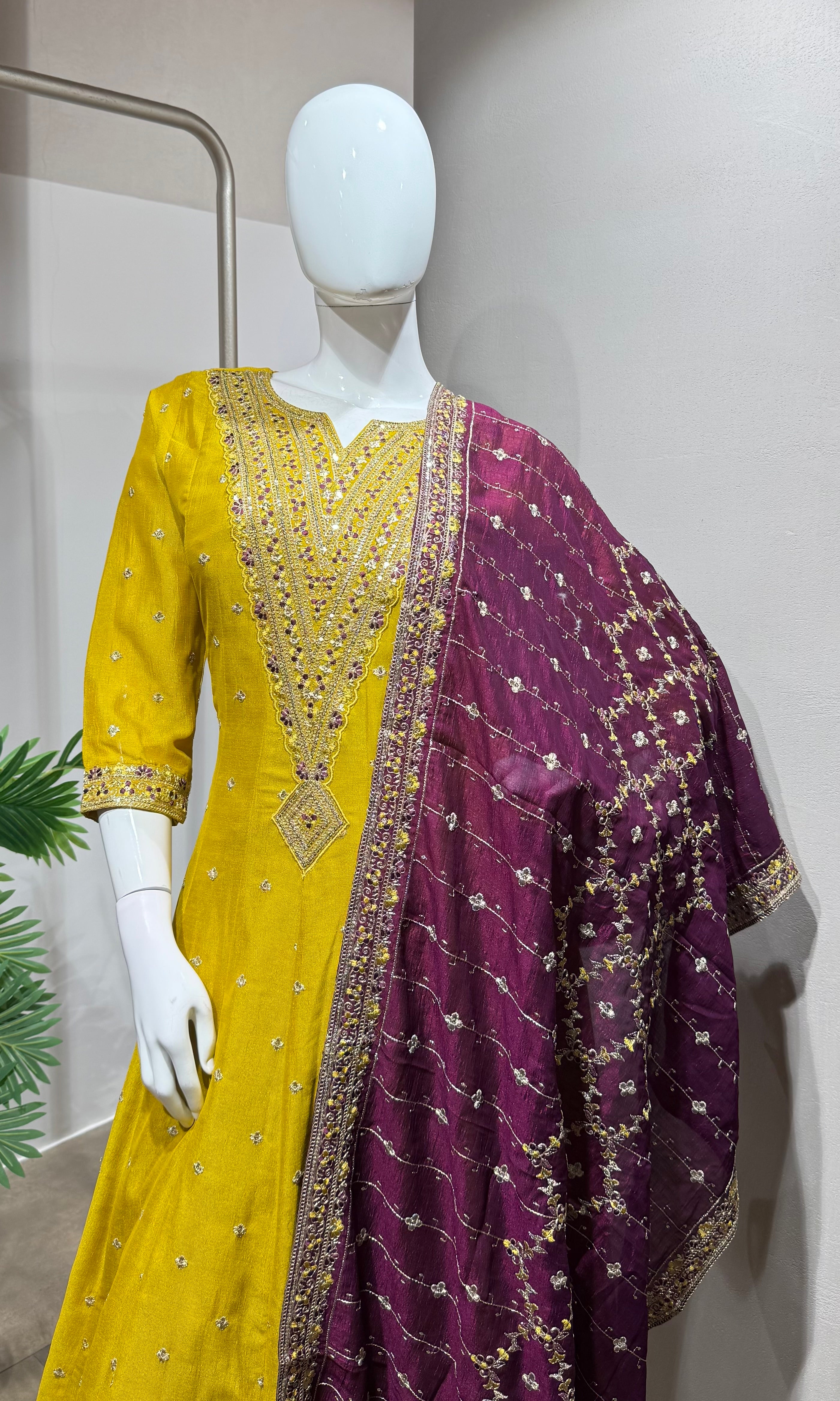 Mustard embroidered Anarkali with Dupatta