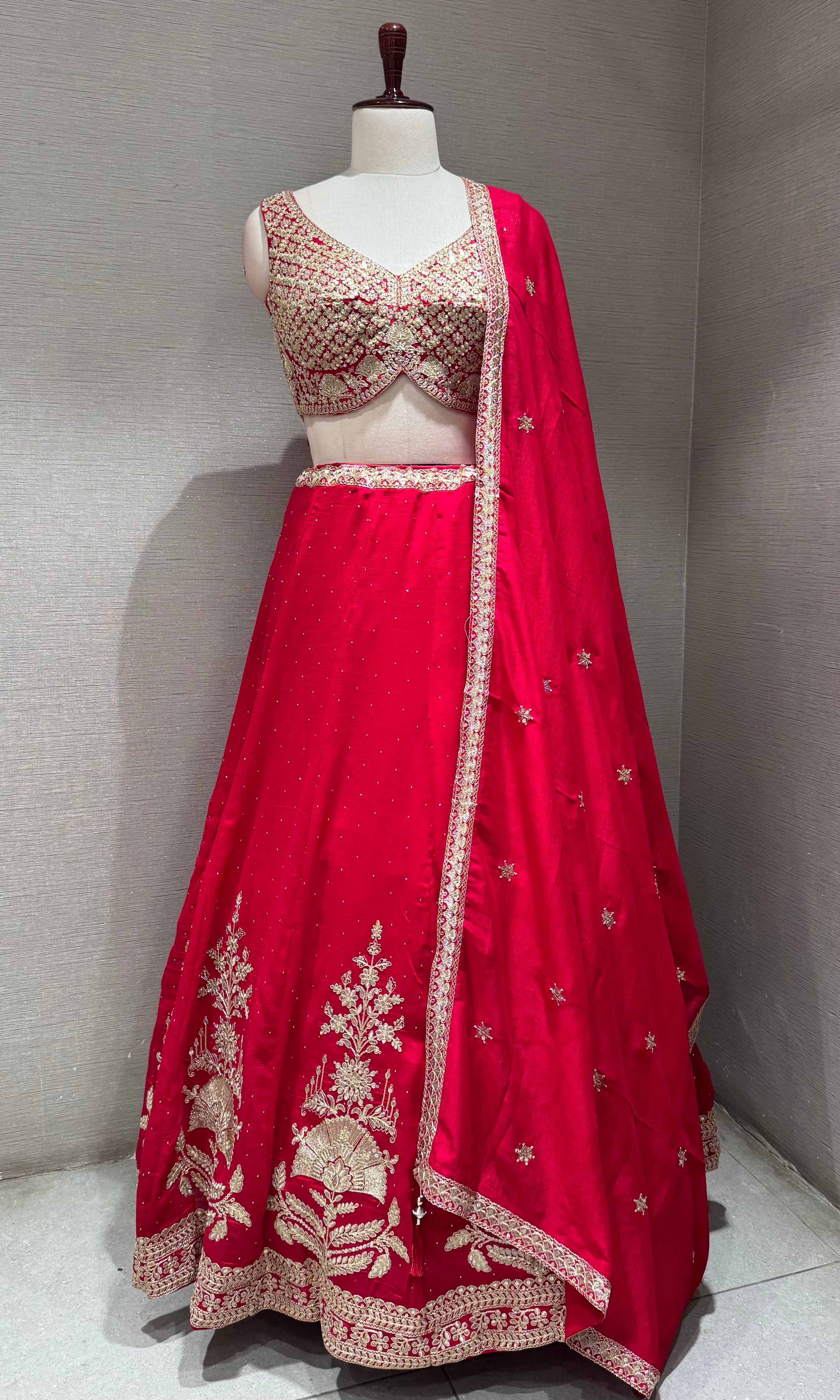Bright Rani Lehenga Choli with Gold Embroidery
