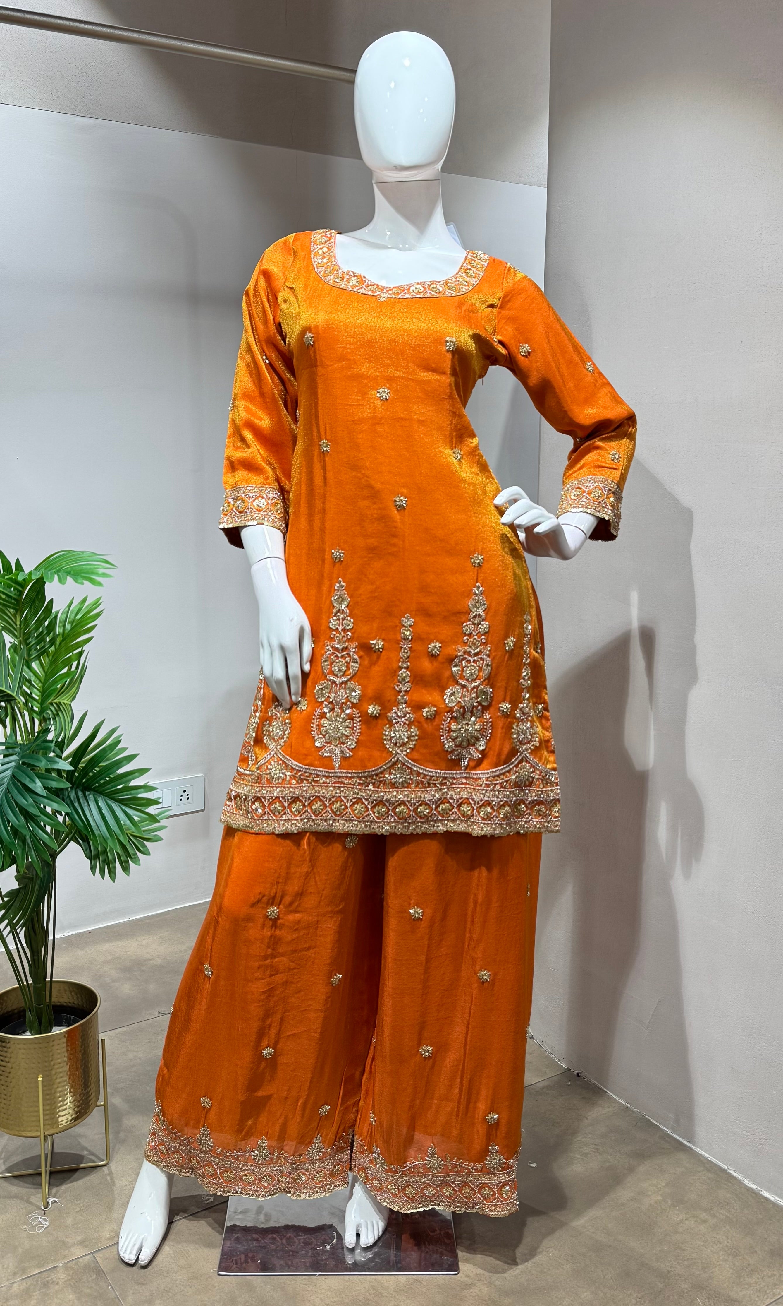 Orange  gold zari work sharara set