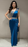 blue drape saree with corset blouse and belt