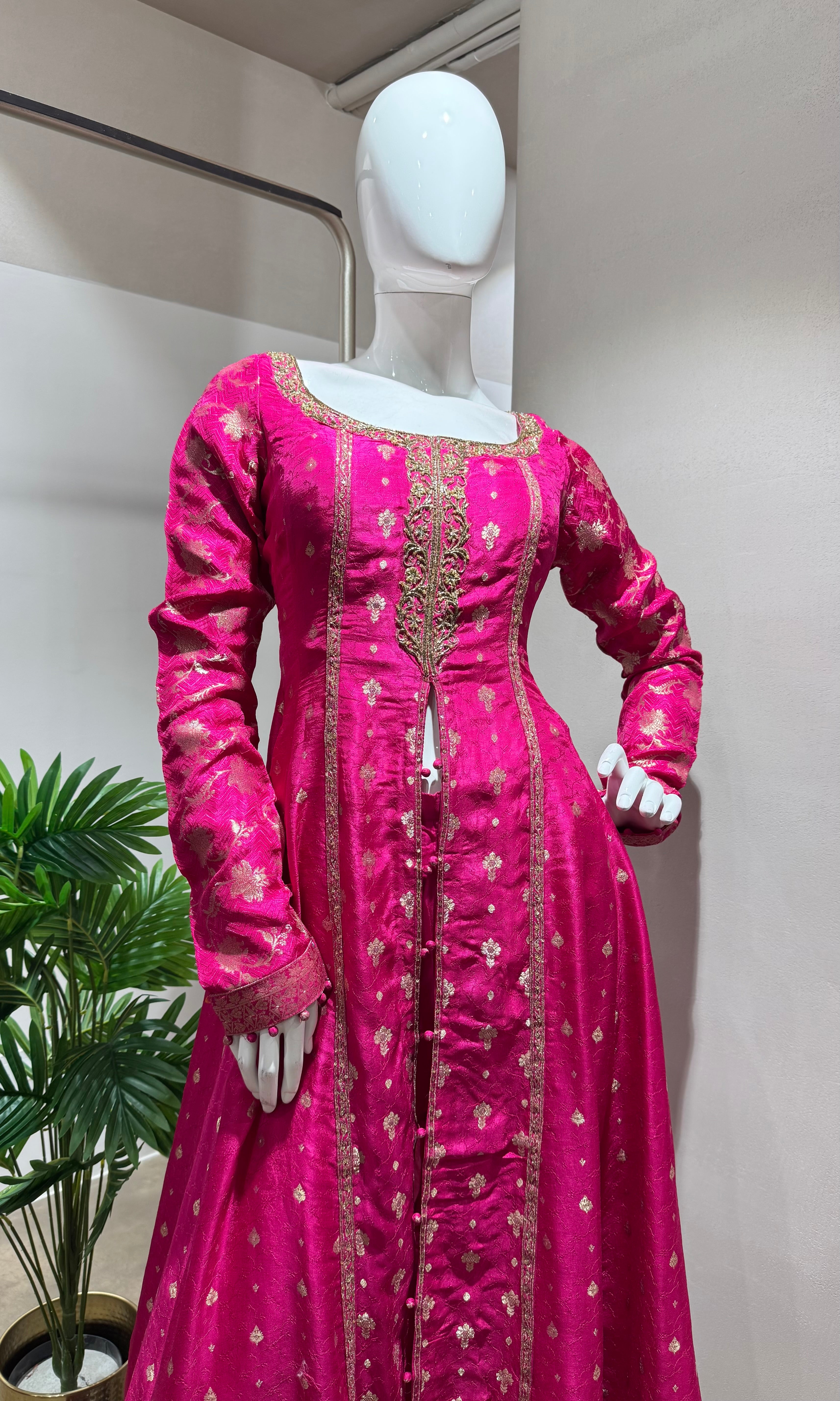 PINK GOLD EMBROIDERED FRONT SLIT ANARKALI SET